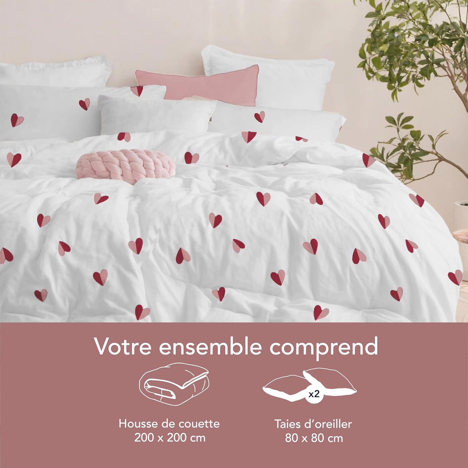 Thumbnail 4 de Dreamzie Housse de Couette 200x200 cm avec 2 Taies d'oreiller 80x80 cm – motif Cœur Rouge/Rose, Oeko-Tex