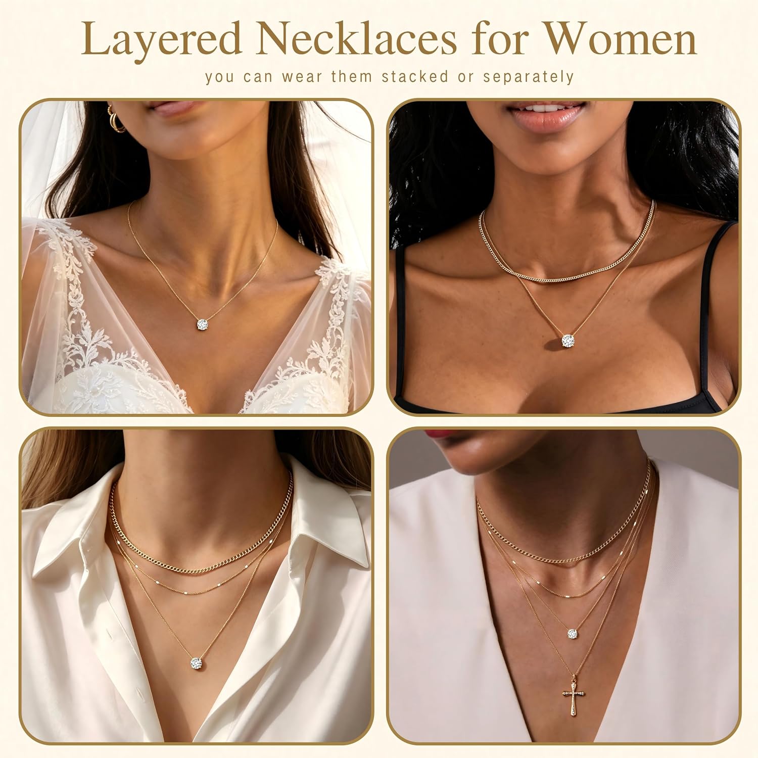 Detalle de WomenGifts Layered Gold Necklaces for Women – 14K Gold Plated Sterling Silver Layered Set