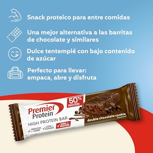 Detalle de Premier Protein High Protein Bar 50% Double Chocolate Cookie (16x40 g), baja en azúcar y baja en carbohidratos