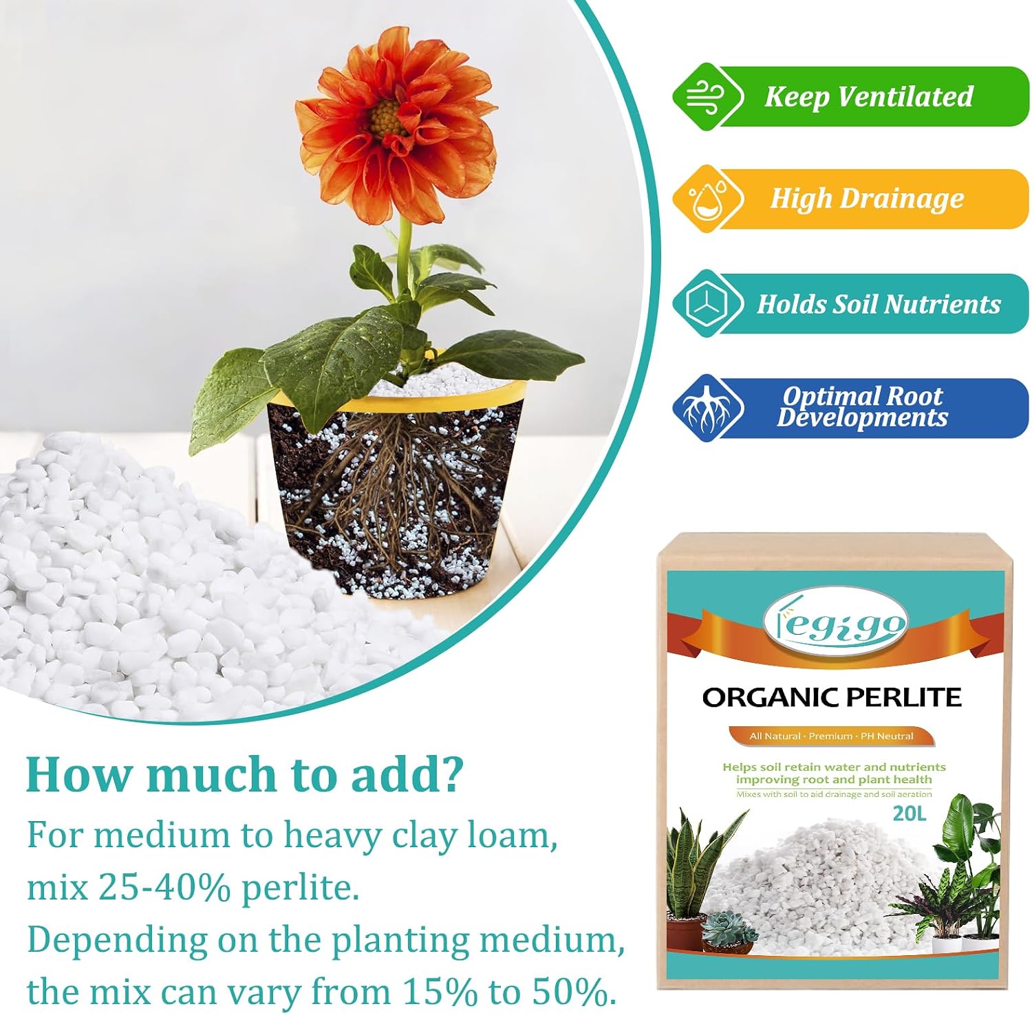 Detalle 1 de Legigo Horticultural Perlite for Indoor Plants, Coarse Aeration & Drainage Amendment