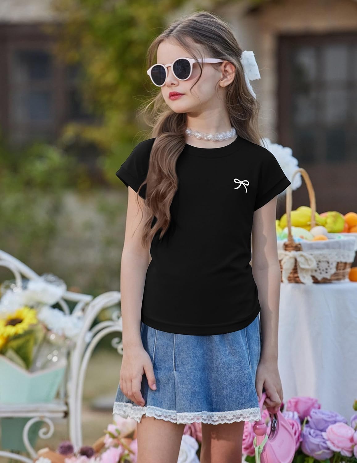 Thumbnail 4 de Arshiner Mädchen T-Shirts Sommer Schleifendruck – Tailliert, Kurzarm, Rundhals