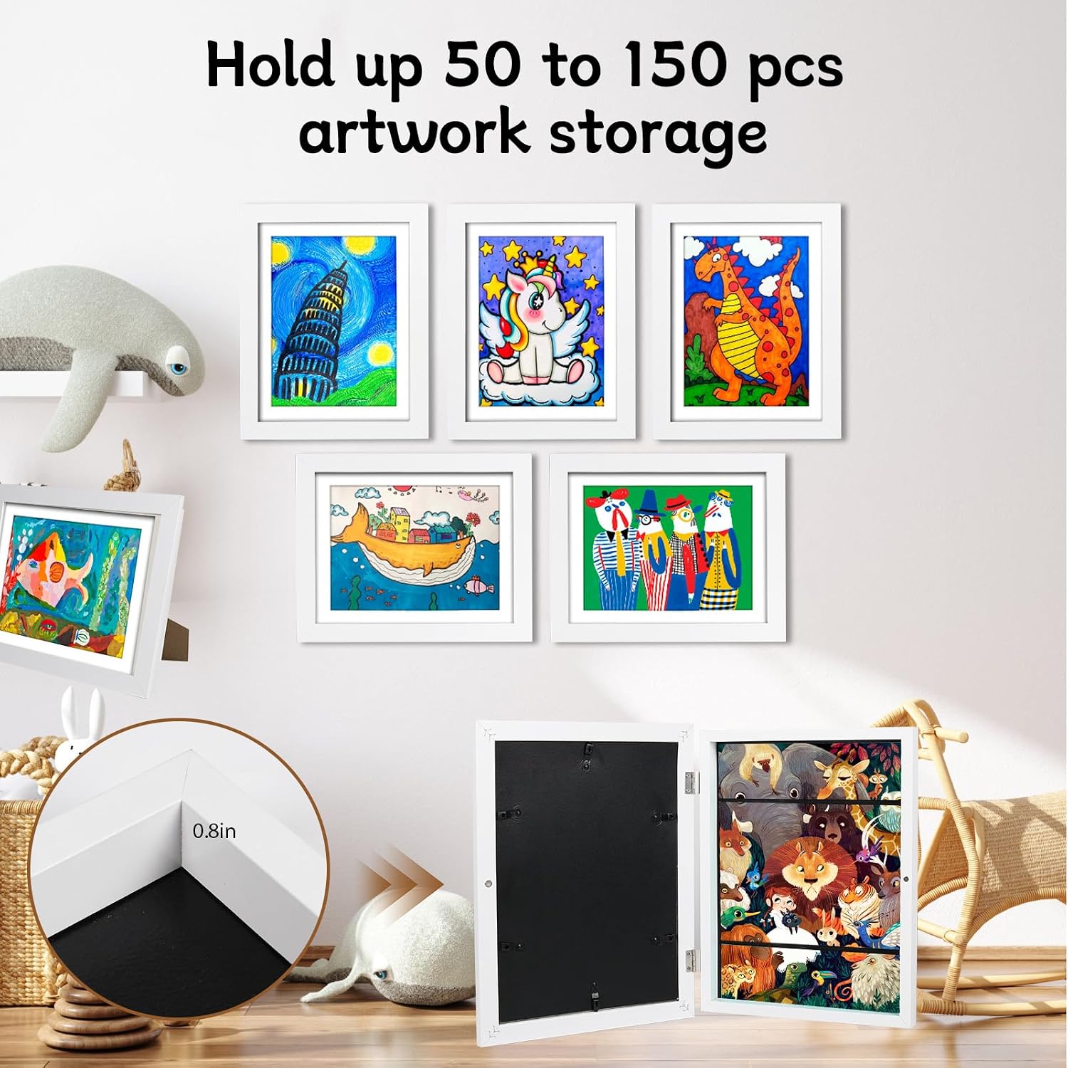 Detalle 1 de wesellcan Kids Art Frame for 8.5 x 11 Artwork, Front-Opening White Frame with Storage