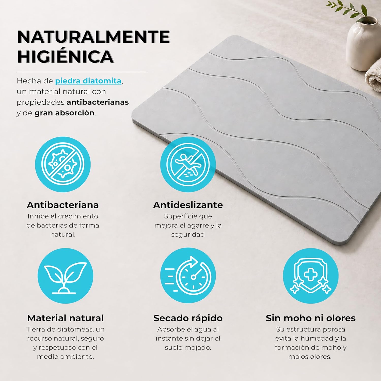 Detalle de Pure 4Home Alfombra de diatomita para baño 60x40 (Grey Waves) secado rápido antideslizante