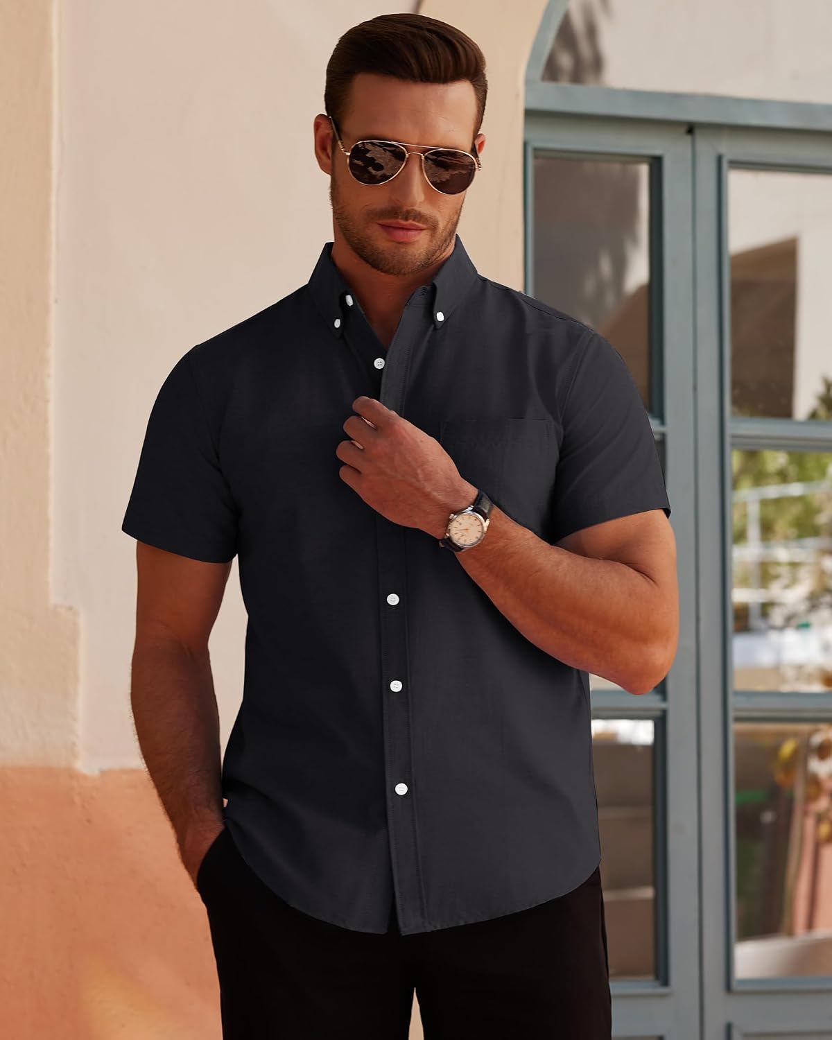 Detalle 2 de J.VER Men’s Short Sleeve Smart Casual Oxford Shirt (Regular Fit) – Plain Button-Down Cotton
