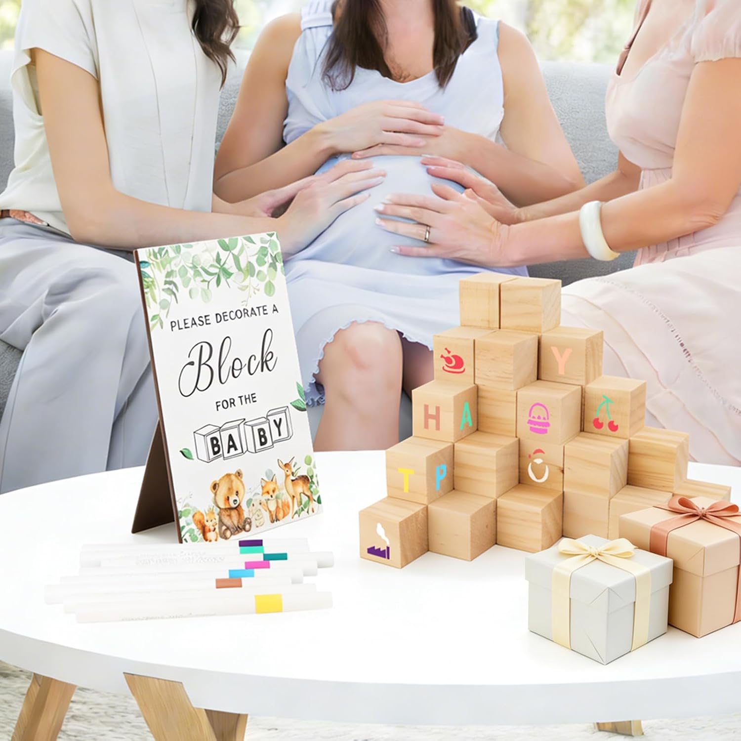 Thumbnail 5 de Babyshower-speelset met 52 houten blokjes, 24 acrylstiften en sjablonen