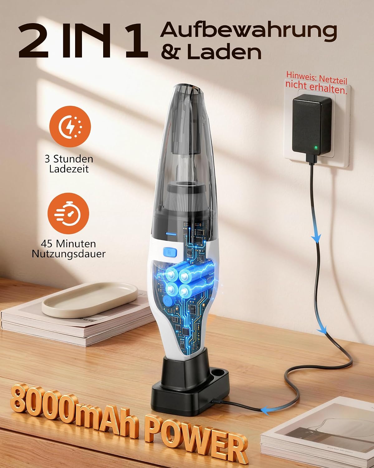 Detalle de Topipop Handstaubsauger 25000Pa – Akku mit Ladestation, 600 ml, HEPA-Filter, LED-Licht, 45 Min. Laufzeit (Weiß)