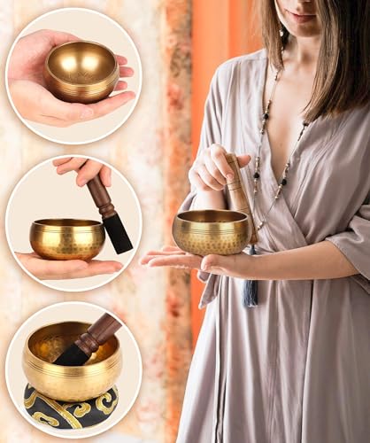 Detalle de OZCHIN Tibetisches Klangschalen-Set – handgehämmert in Nepal, 8 cm (inkl. Meditationsschale, Ringkissen, Holzklöppel, Box)