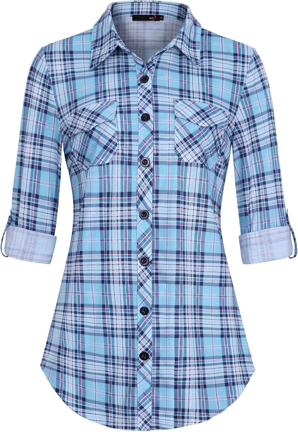 Detalle de DJT Damen Bluse mit kariertem Strick, Button-Down-Kragen und Roll-Up-Ärmeln (Langarm)