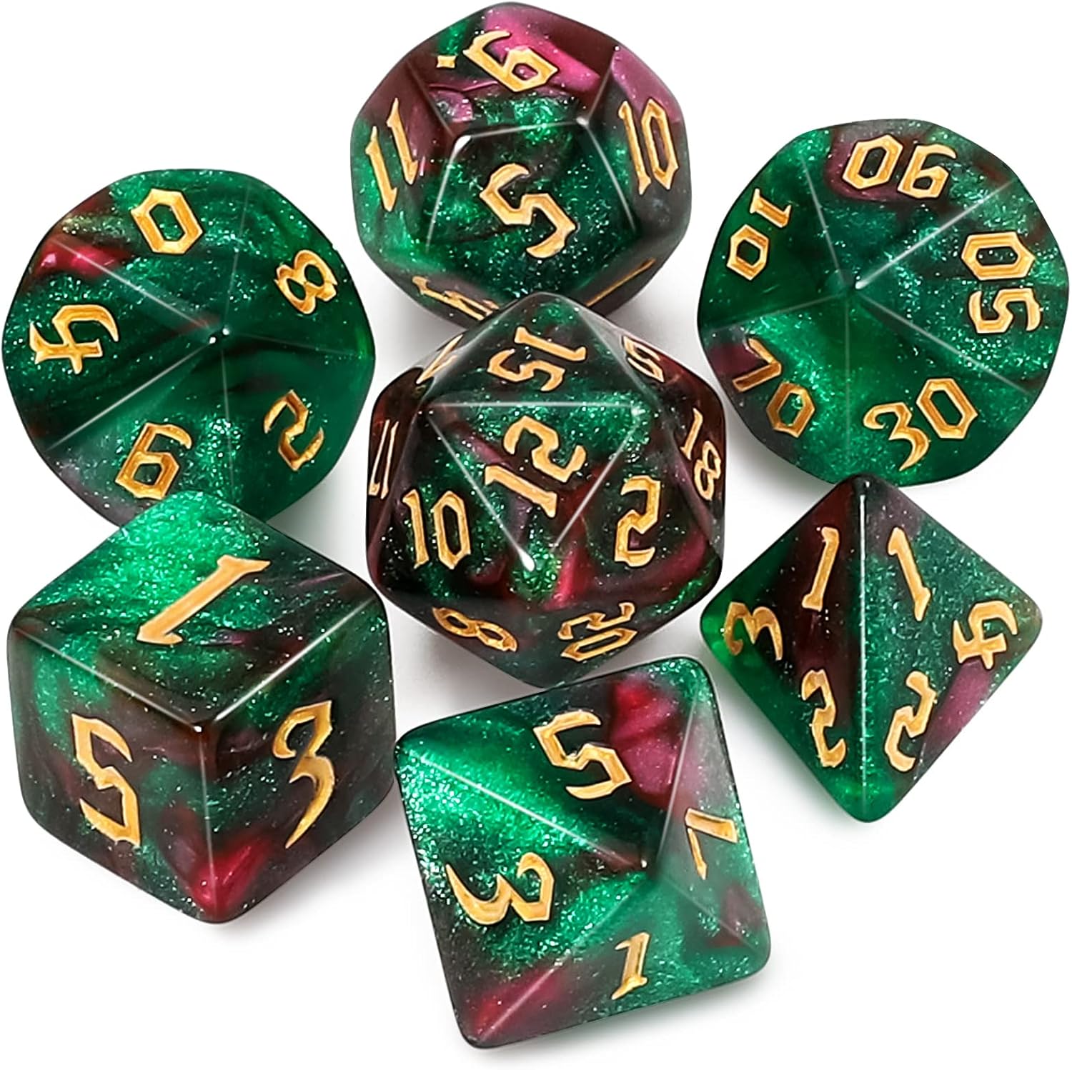Detalle de QMAY DND Dice Set: i 7 dadi poliedrici in acrilico con glitter verde e rosso