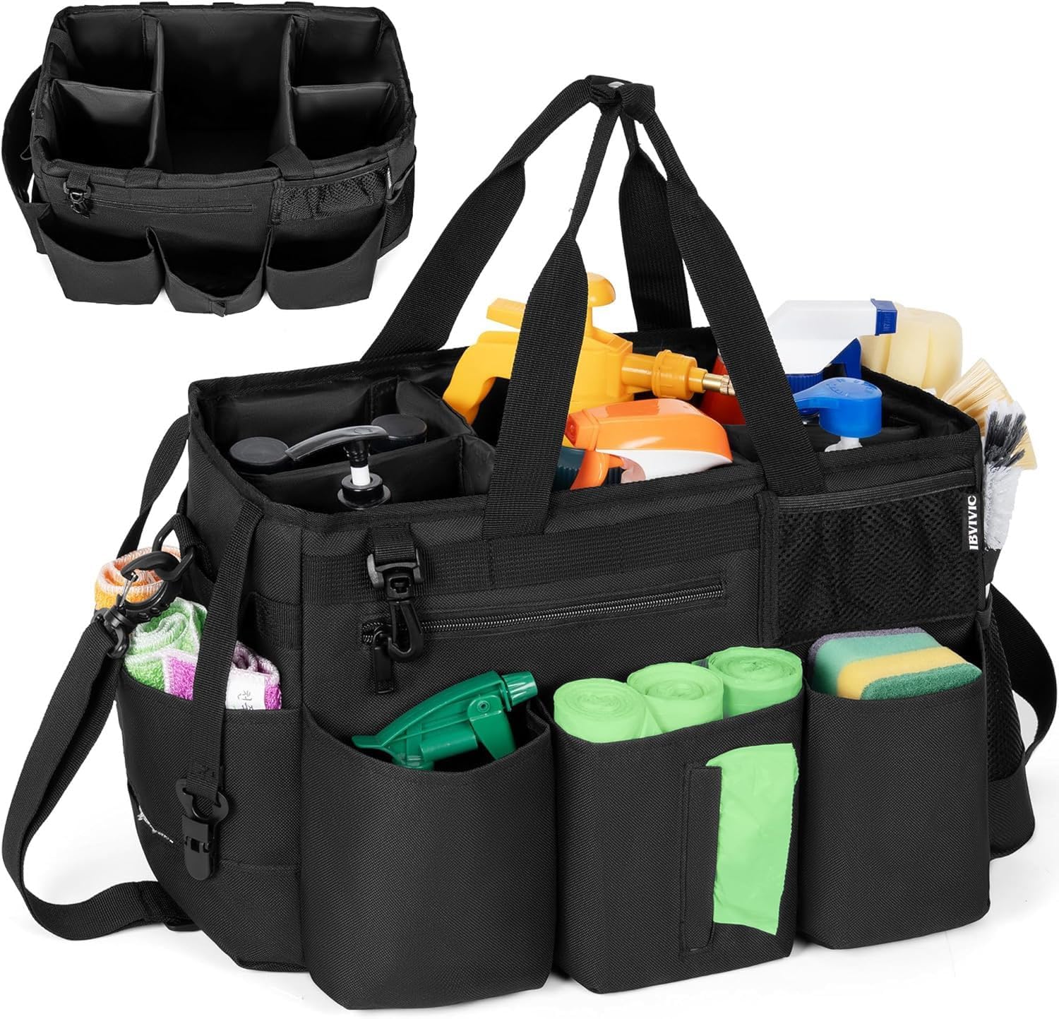 OUUTMEE Sac de Nettoyage avec Séparateurs Amovibles – Organisateur Portable 20 x 38 x 26 cm, Noir (Grande)