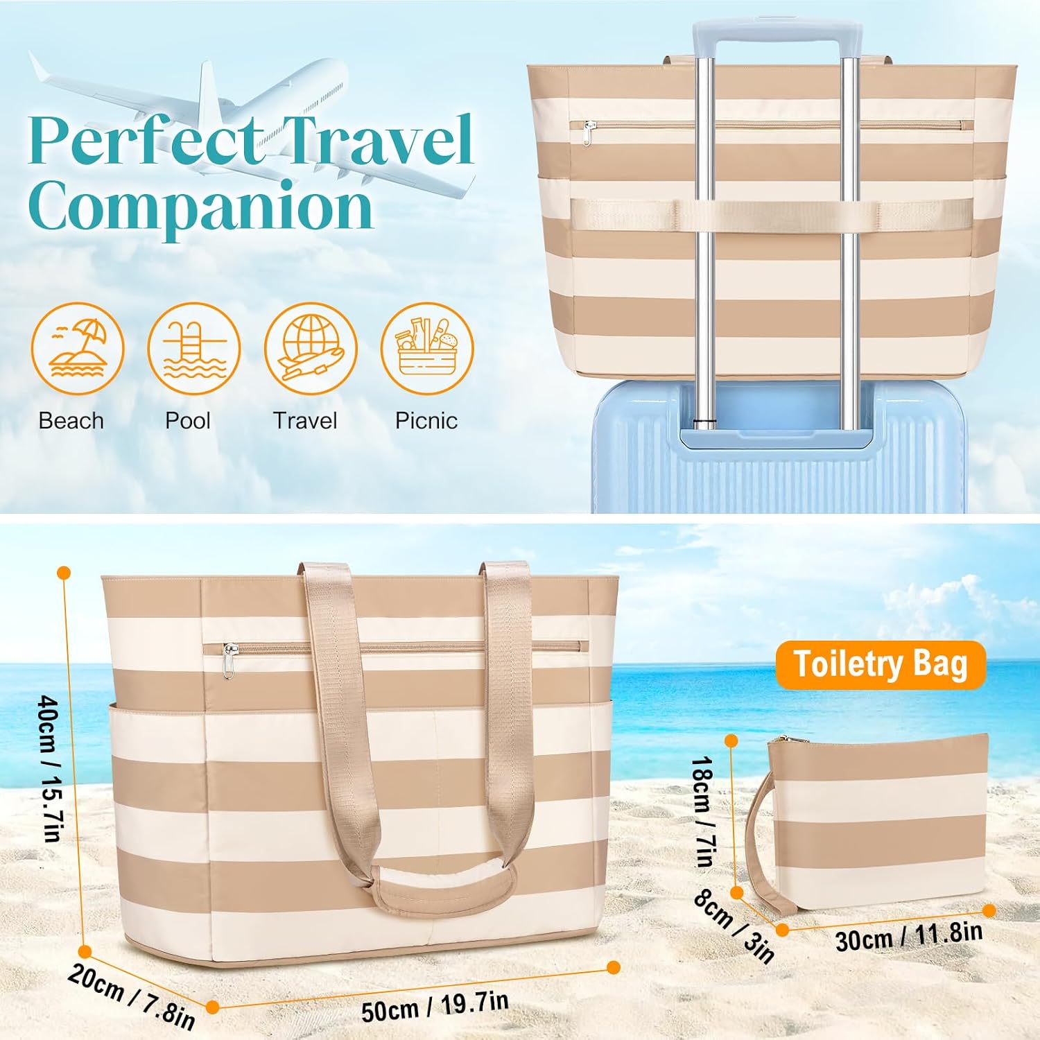 Detalle de ENONEO Bolsa de Playa Grande XXL con Cremallera 55L – Impermeable y Plegable, Ideal para Vacaciones en Familia