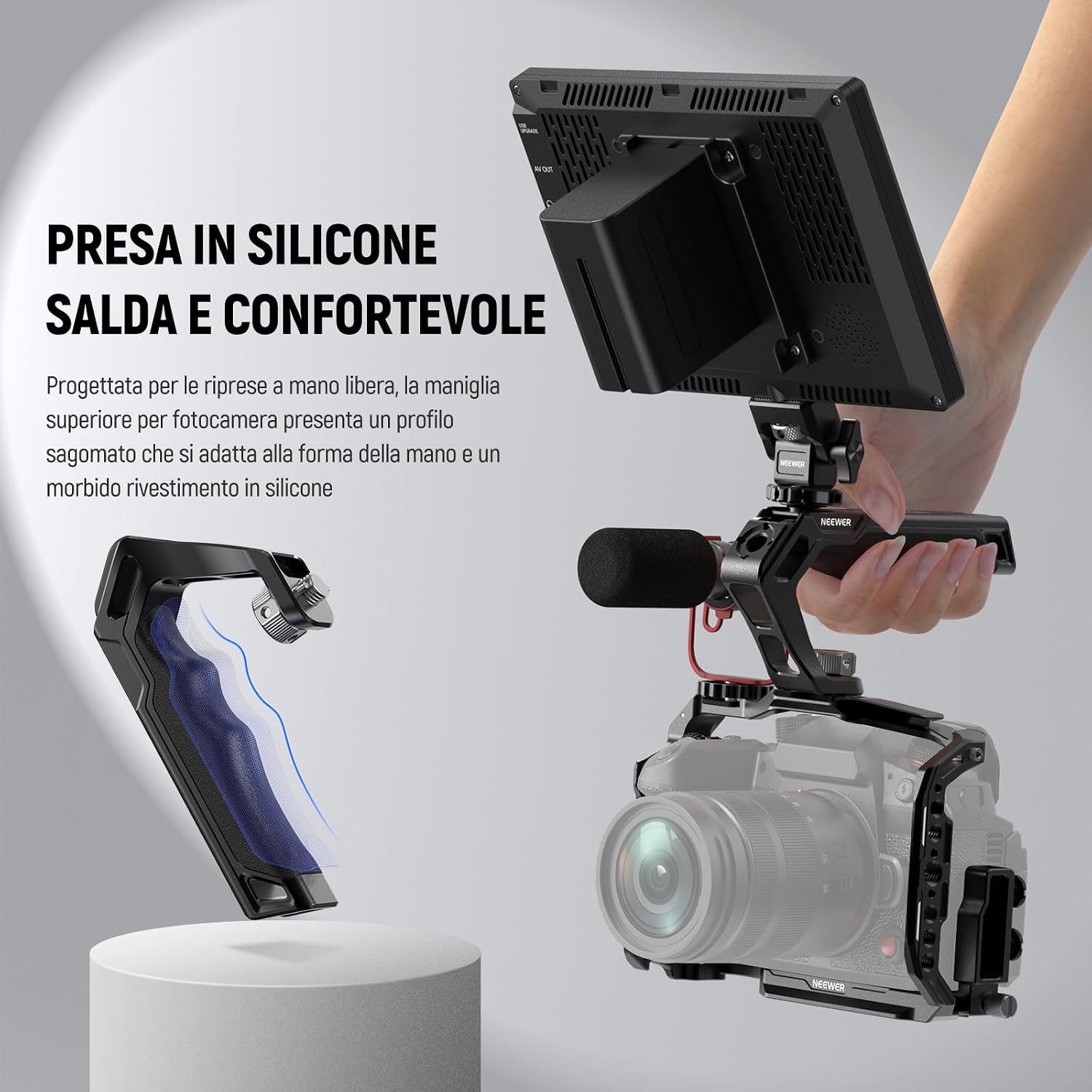 Detalle de NEEWER Set Top Handle CA007 + Supporto Monitor MA006 inclinabile fino a 180° per monitor 5"/7" (compatibile Atomos Ninja V)