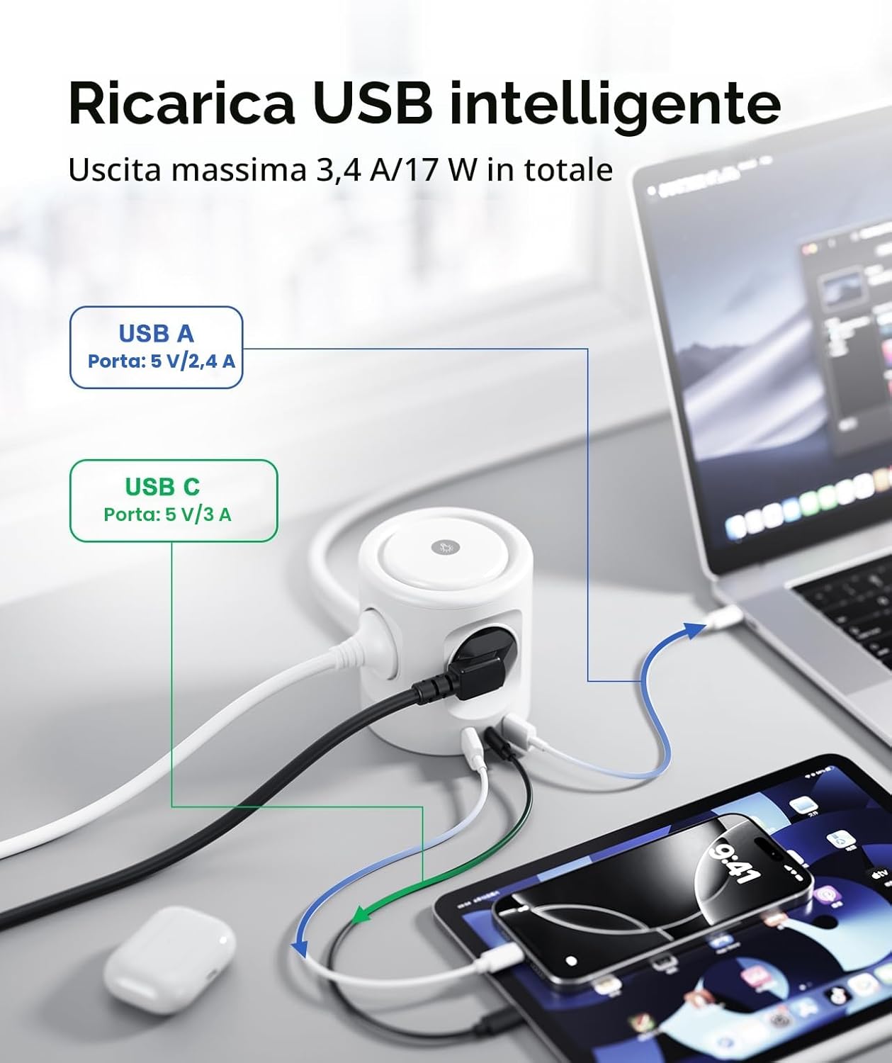 Detalle de 3M Ciabatta multipresa con luce, 4 prese e 3 USB (USB-C + USB-A) con interruttore, 16A, cavo 3 metri