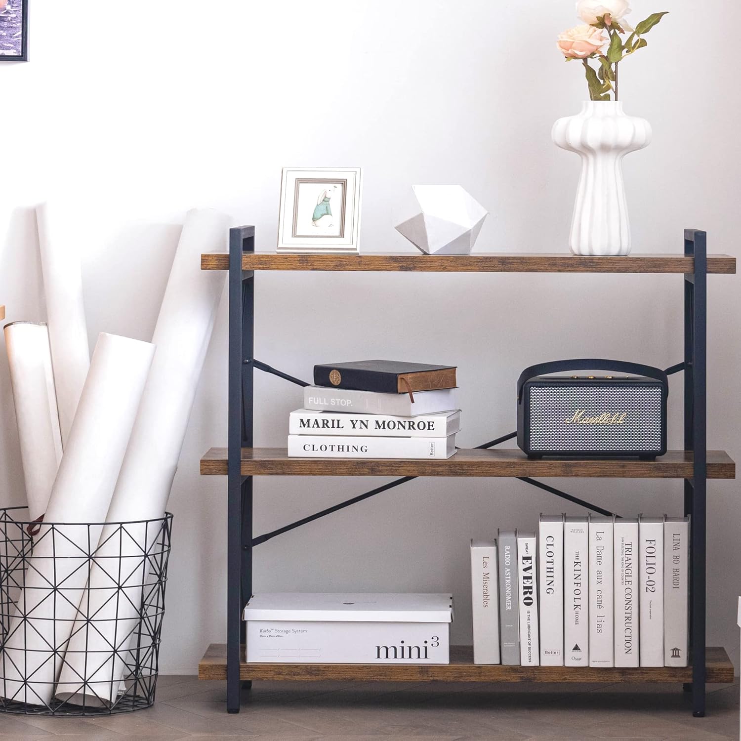 Thumbnail 4 de HCHQHS 3-Tier Industrial Bookshelf (Rustic Wood & Black Metal, Open Book Shelf)
