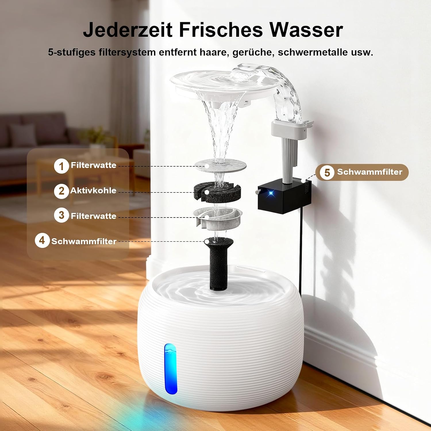 Detalle 2 de SIBAYS Katzen-Trinkbrunnen mit 3,5 l, ultraleiser Pumpe (<25 dB) und LED-Fenster (FS77, BPA-frei)