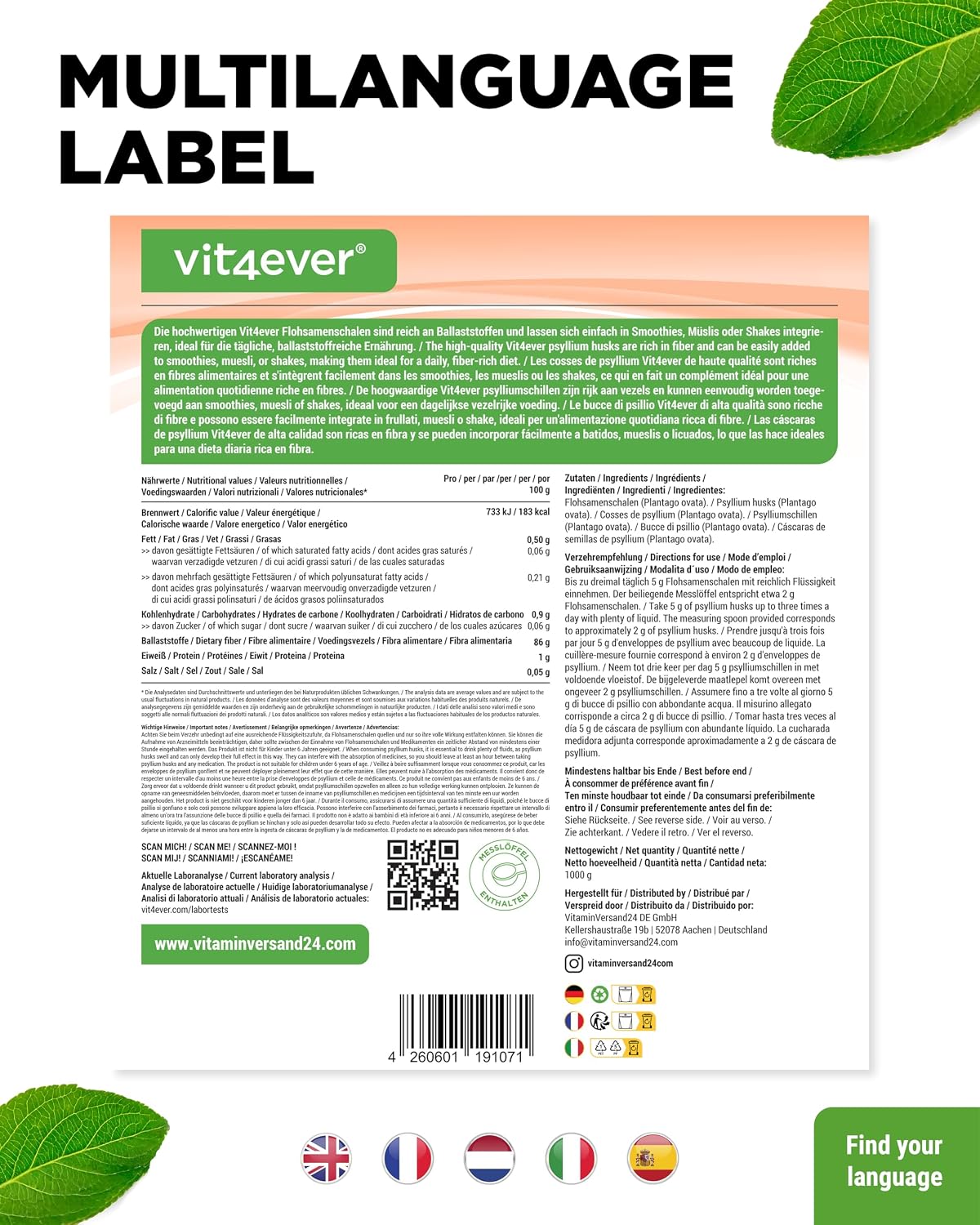 Detalle de vit4ever Flohsamenschalen 99% Reinheit (1.000 g) – vegane Psyllium-Husks ohne Zusätze
