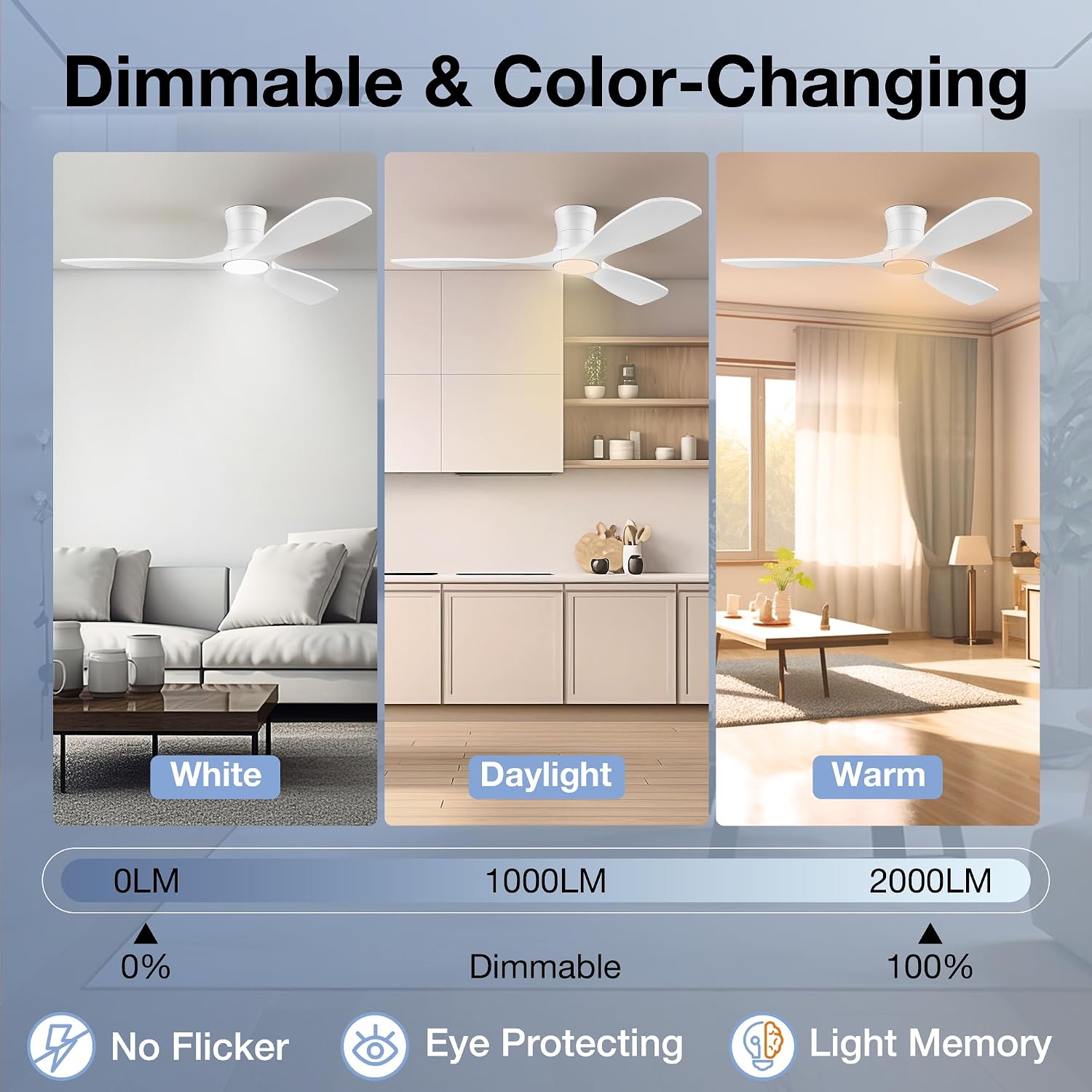 Thumbnail 5 de 52-Inch Wood Ceiling Fan with Lights Remote, Low Profile Flush Mount — Damp-Rated, 6-Speed Quiet DC with Dimmable LED