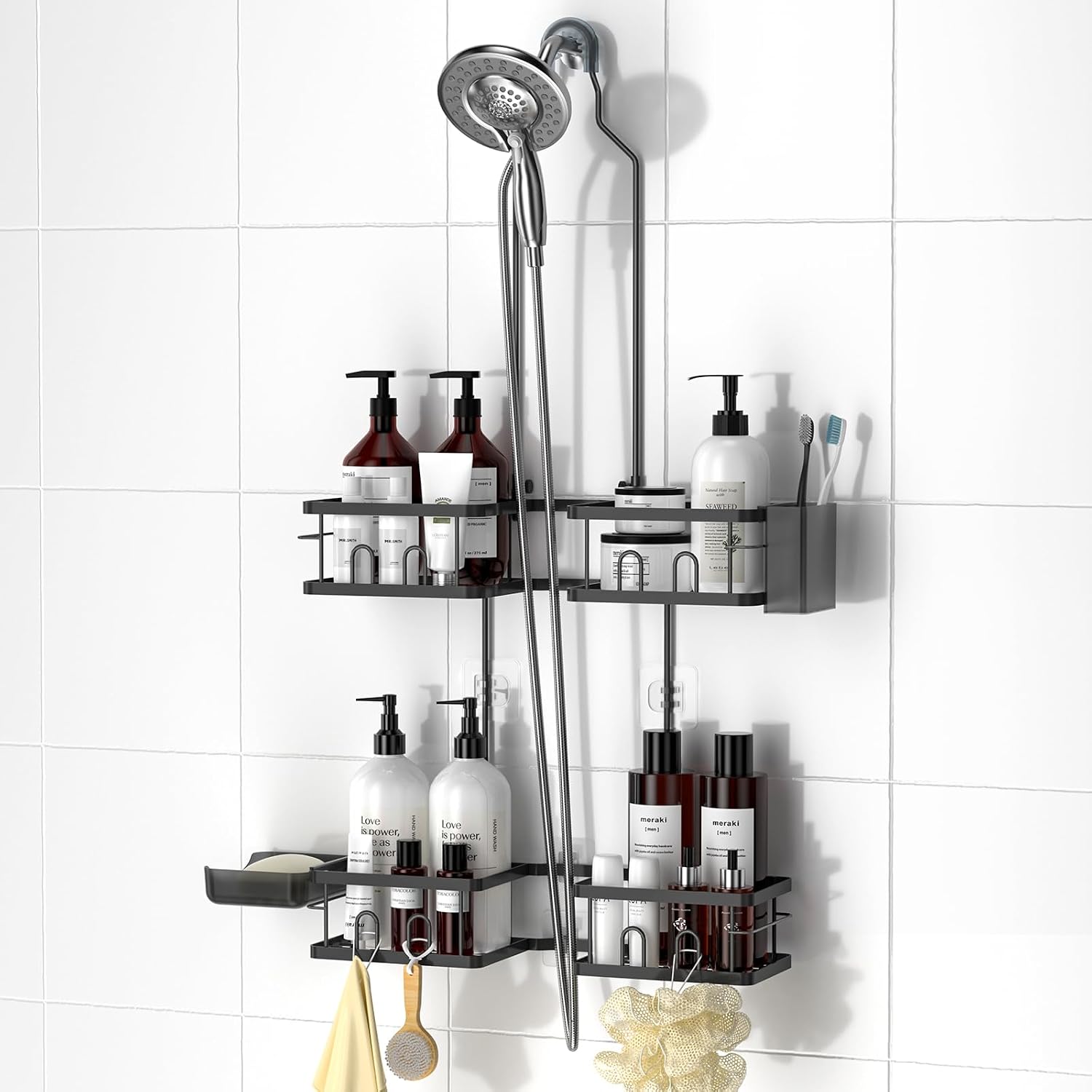 Detalle de REINHARDT Adjustable Shower Caddy for Handheld Showerheads, Black, 4 Baskets
