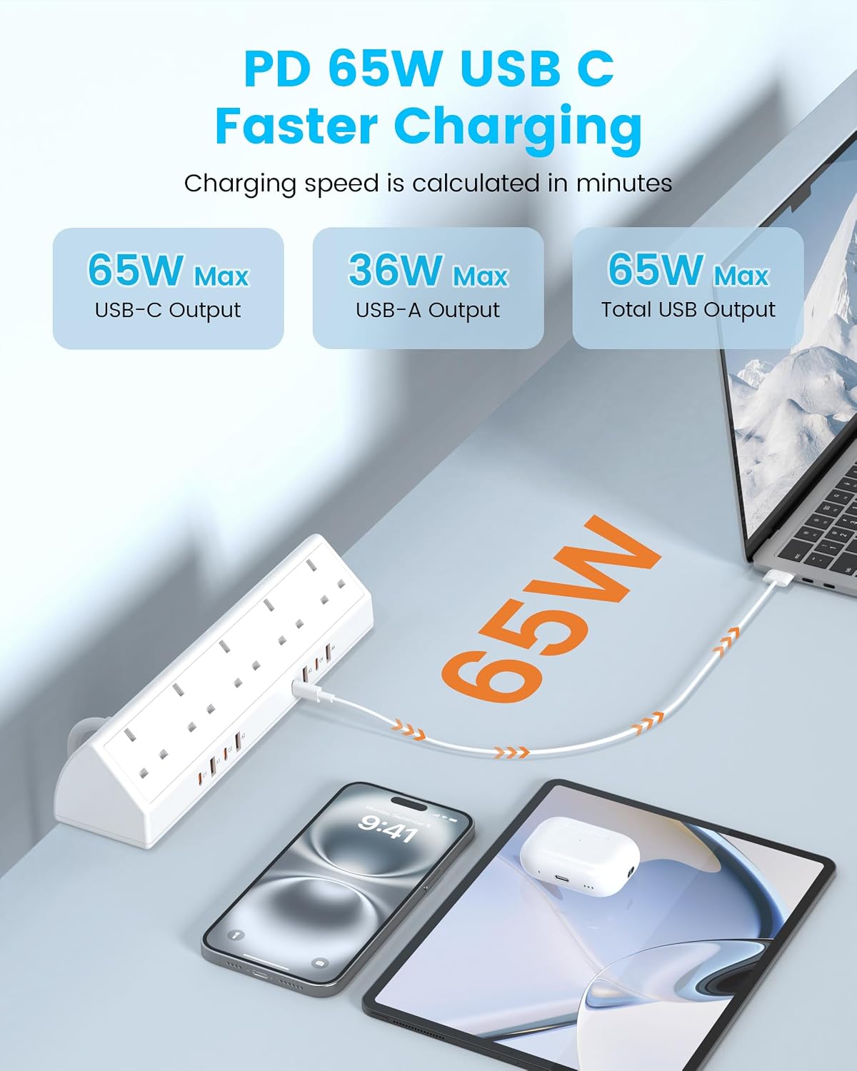 Detalle de Desk Clamp Power Socket USB C Slots – 65W Fast Charging Station