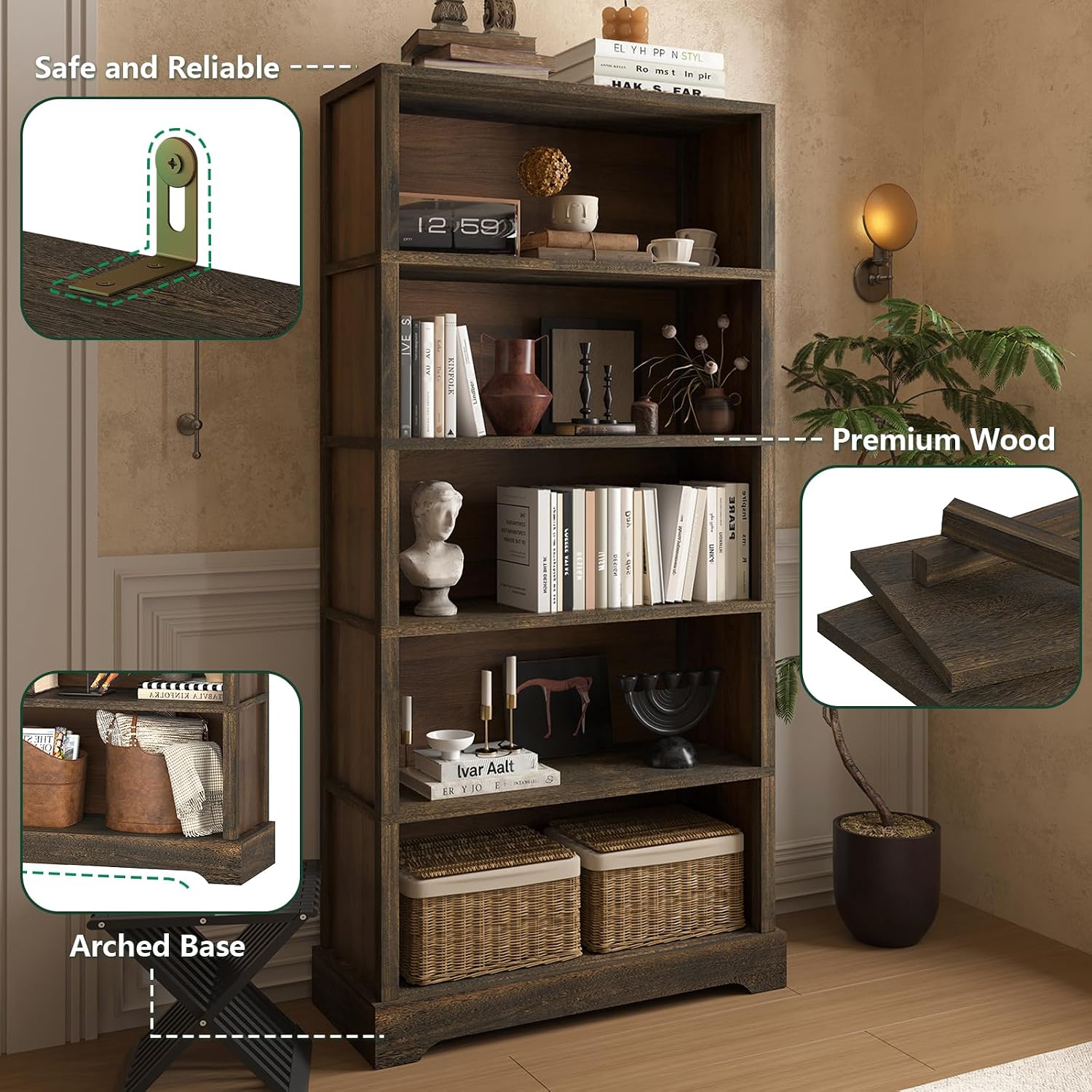 Detalle de TVU 5-Tier Solid Wood Book Shelf (Walnut) — Floor-Standing 65" Farmhouse Bookcase