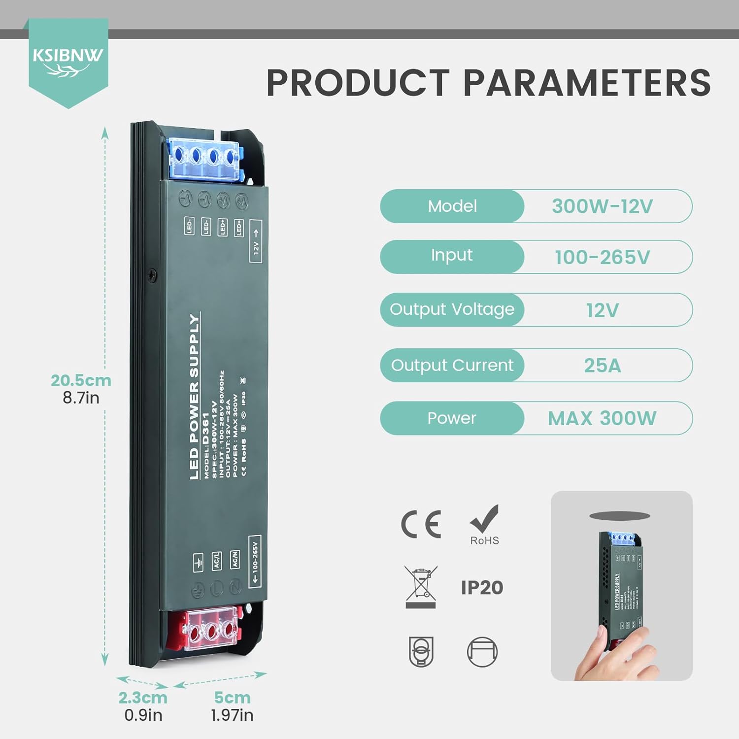 Thumbnail 3 de KSIBNW Alimentatore 12V da 220V a 12V 200W Slim LED Driver, protezioni integrate