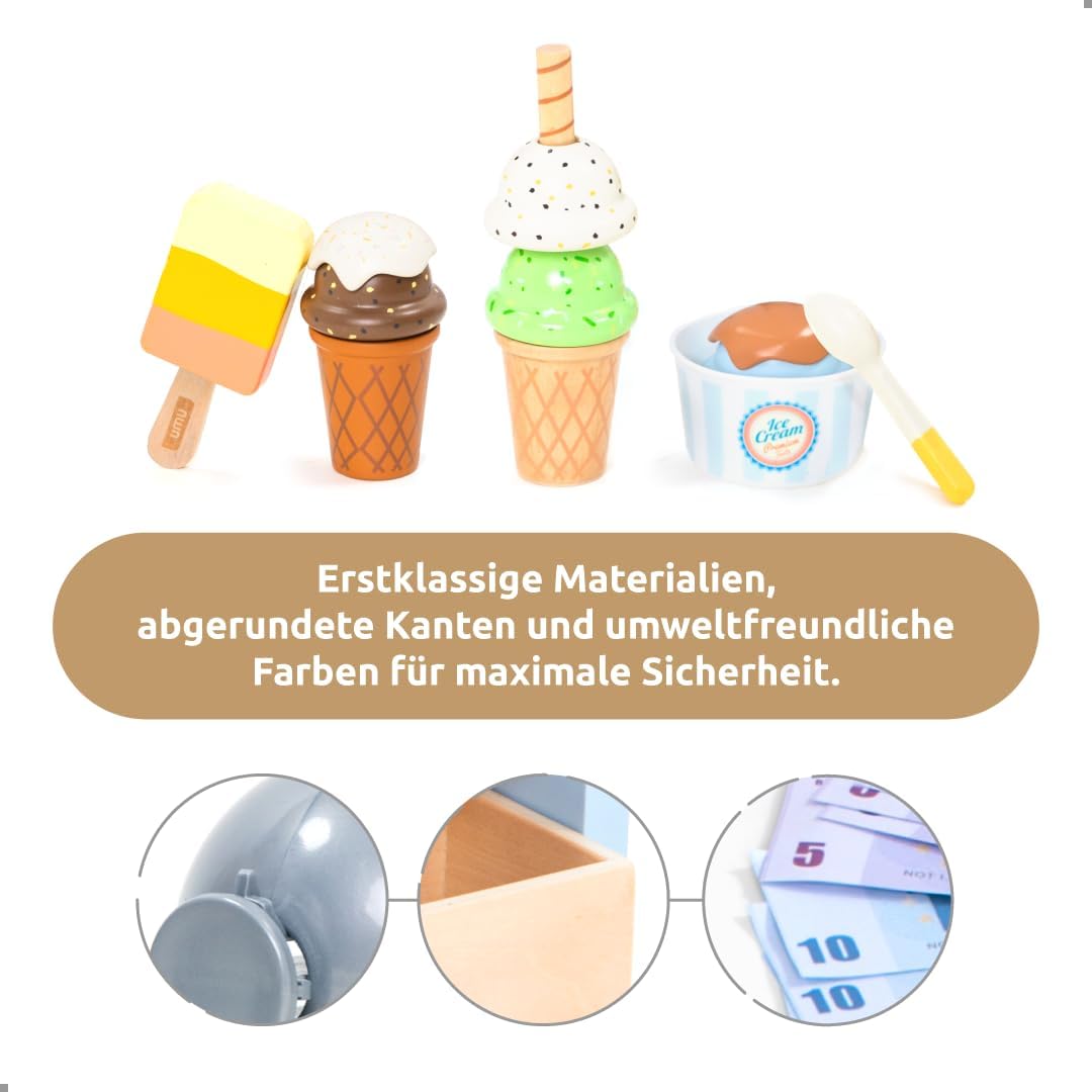 Thumbnail 1 de UMU® Kinder Eisdiele aus Holz – Rollenspiel-Set mit Eisladen, Küchenzubehör, Spielgeld und Menükarte (37-tlg.)
