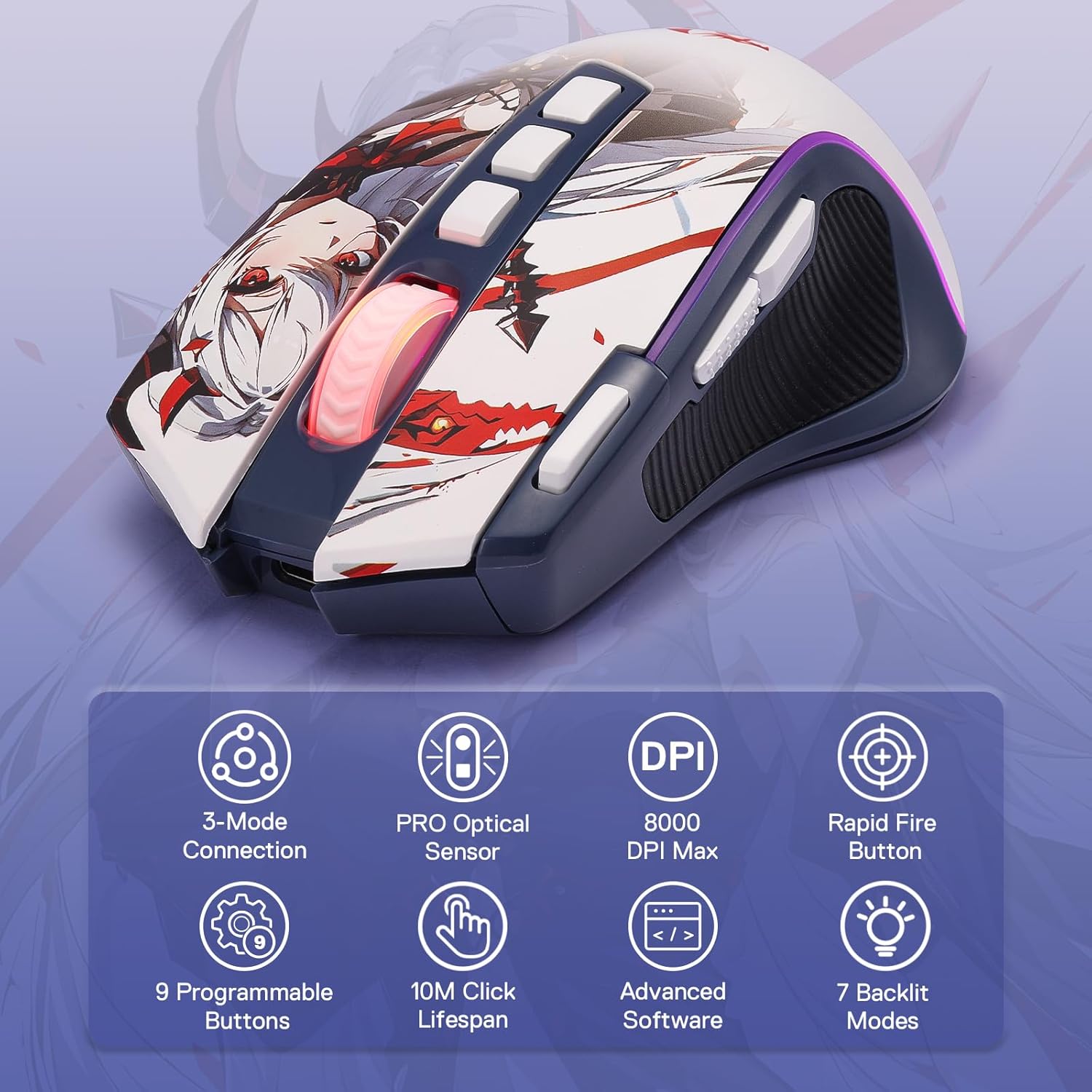 Detalle de Redragon M612AK PRO RGB-Gaming-Maus (kabellos per BT & 2,4 GHz, 8000 DPI, 9 programmierbare Tasten)