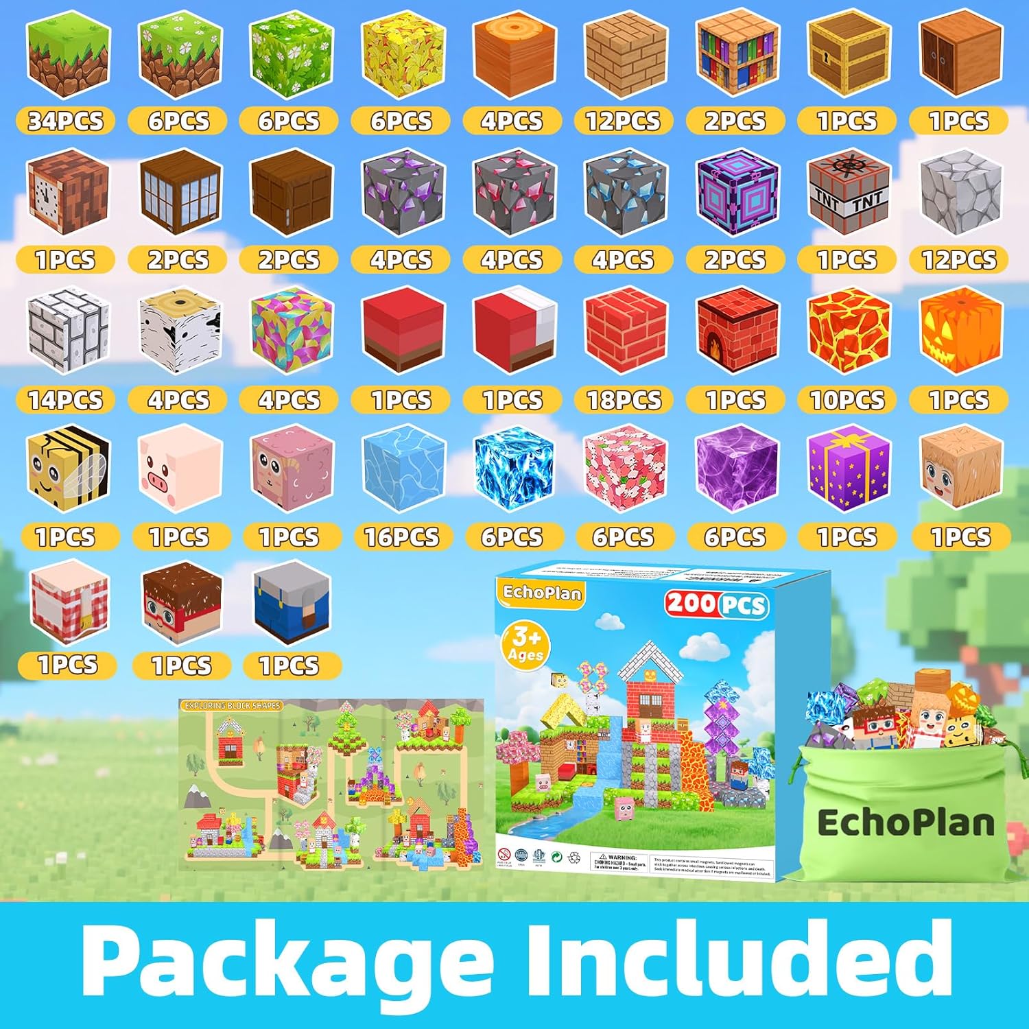 Thumbnail 2 de EchoPlan 200PCS Magnetic Blocks (1-inch) STEM magnetic cube building set for kids ages 3+