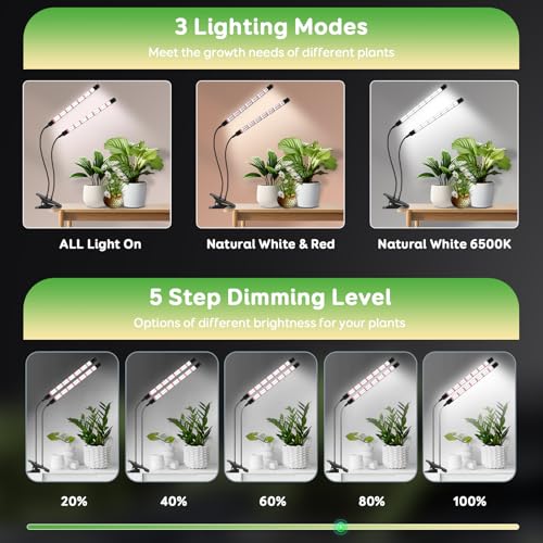 Detalle de Lámpara para plantas LED Niello de 2 cabezales: espectro completo, temporizador y 3 modos de color