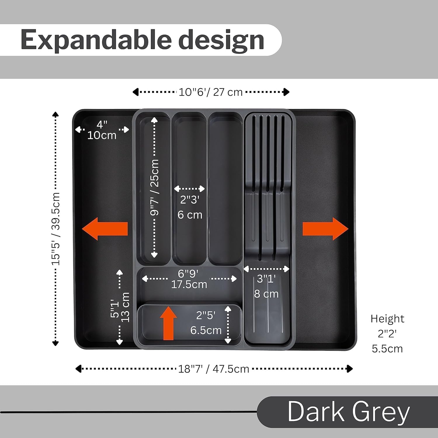 Thumbnail 1 de nuovva Cutlery Drawer Organiser – adjustable expandable utensil tray with removable dividers, black & grey