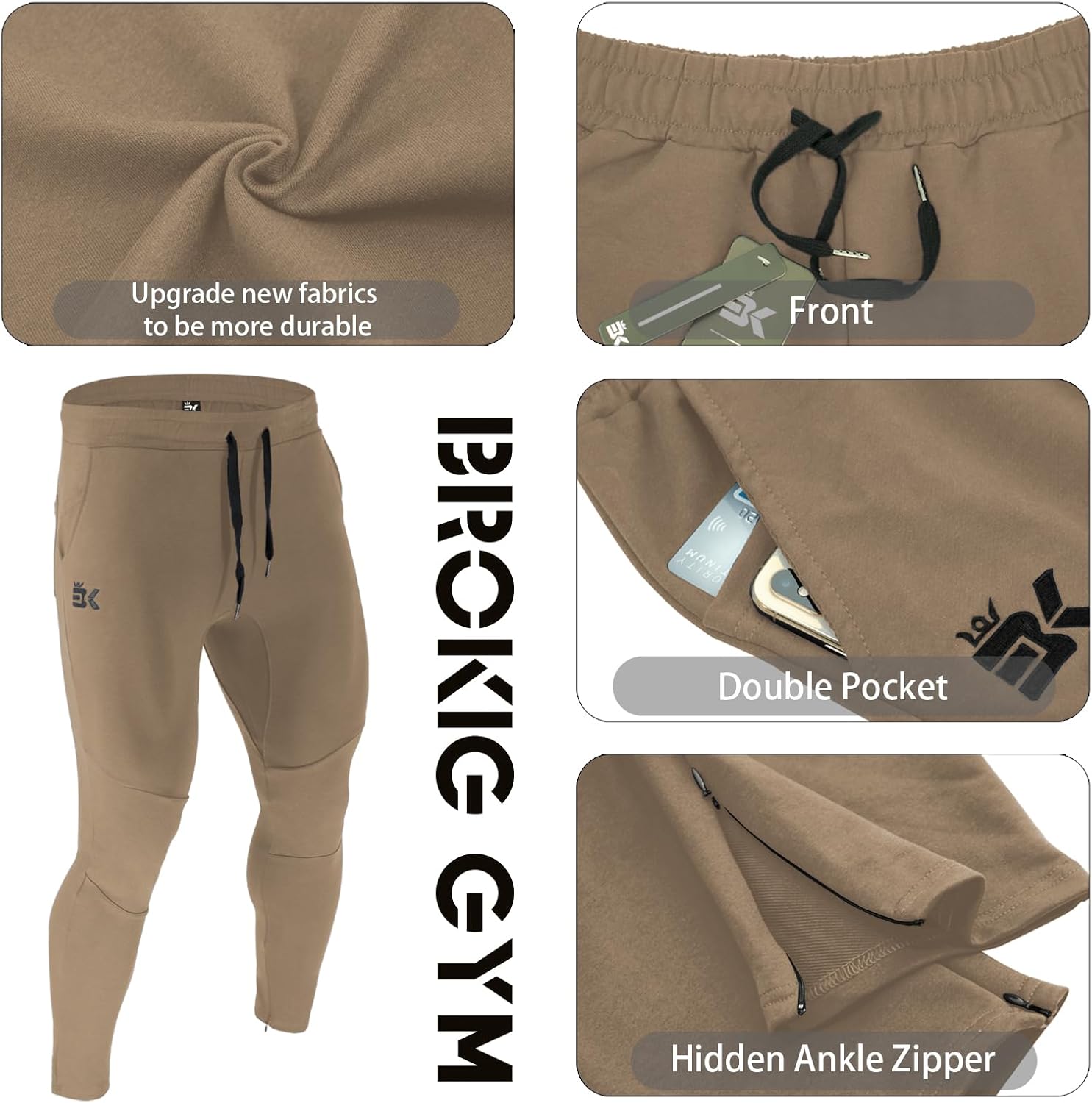 Detalle de BROKIG Mens Gym Joggers Sweatpants – Slim Fit Tracksuit Bottoms with Double Pockets and Hidden Zips