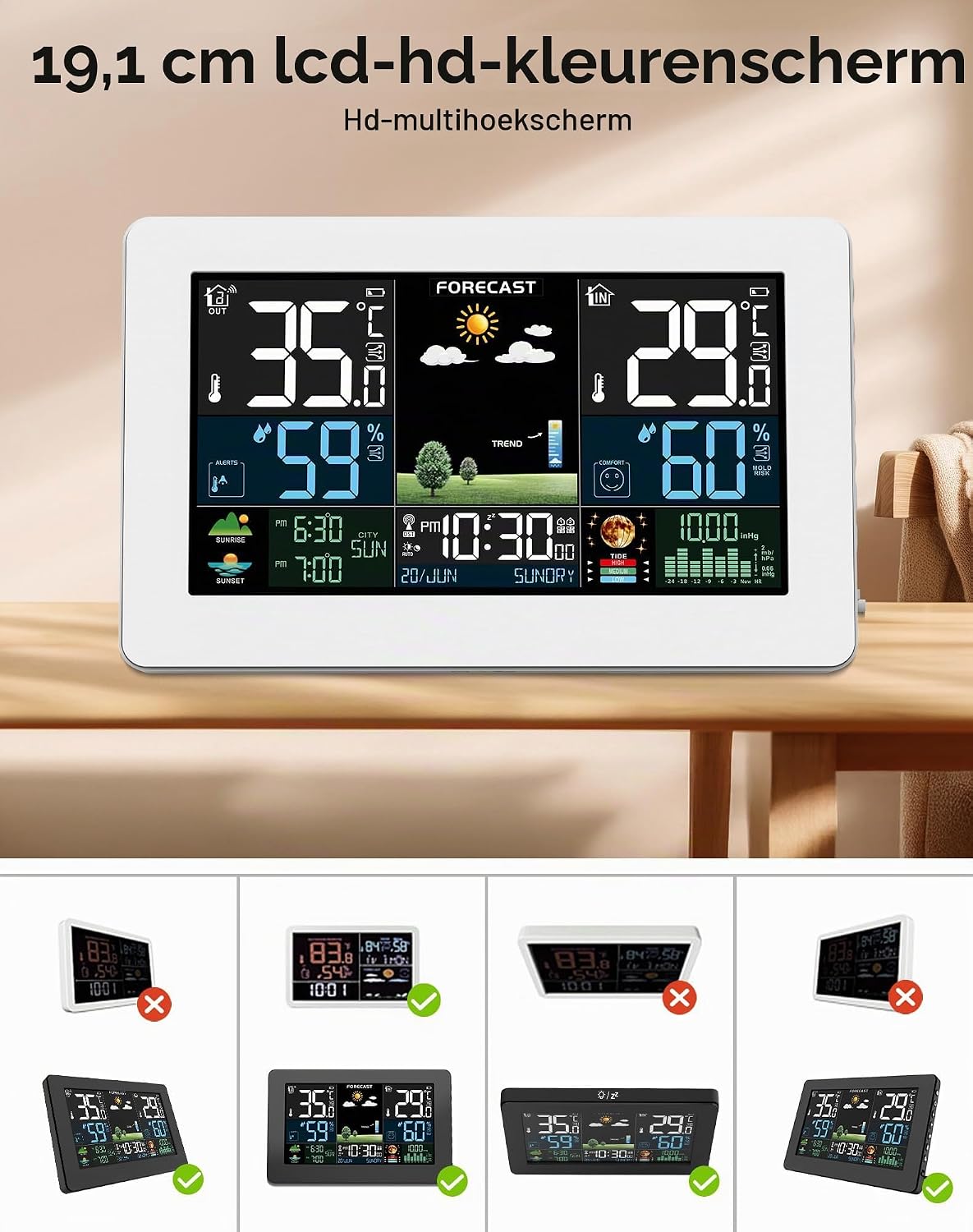 Detalle de HAOYAO EM3378QX-DCF weerstation met buitensensor en kleurendisplay