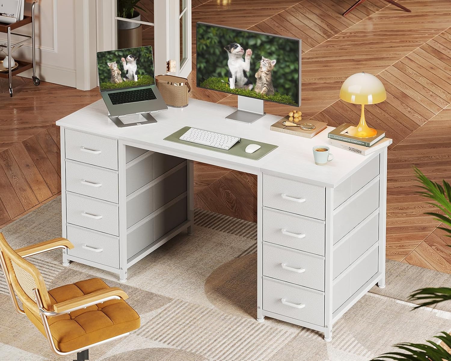 Detalle 2 de Coleshome Computer Desk with Fabric Drawers, 120x48cm – Modern, Storage‑Rich Home Office Table (White)