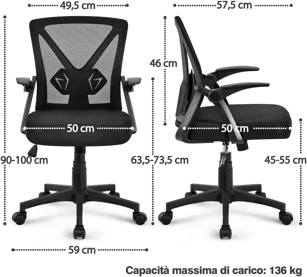Thumbnail 2 de Yaheetech Sedia da ufficio ergonomica con supporto lombare e braccioli regolabili, schienale in rete traspirante (portata 136 kg) nera