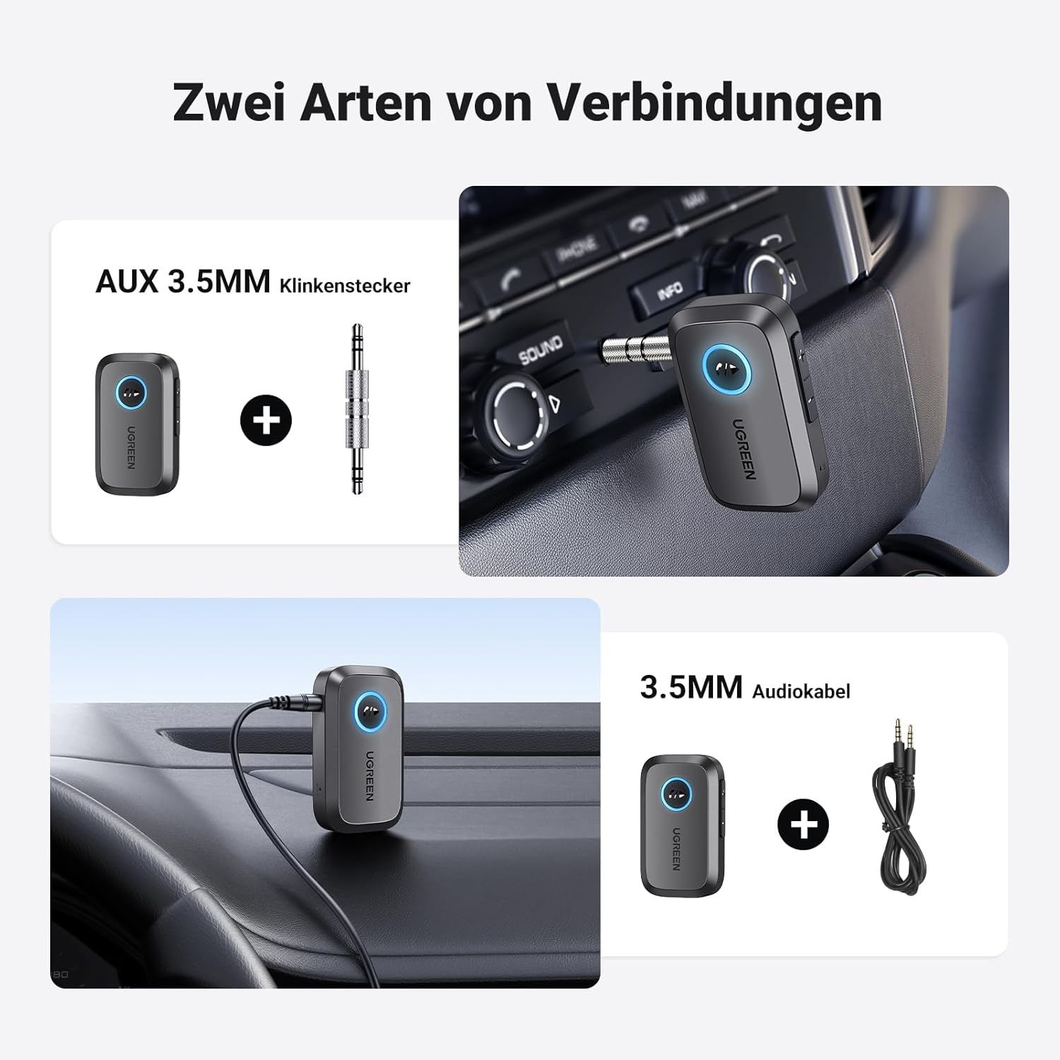 Thumbnail 4 de UGREEN Aux Bluetooth Adapter für Auto mit Bluetooth 6.0 (V6) – Freisprechanrufe, Stereo-Musik, Dual Pairing, 15 Std.