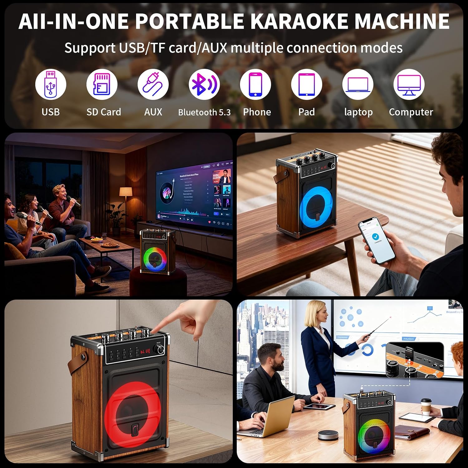 Detalle de JYX Karaoke Machine with 2 Wireless Microphones (69BT) — Portable 3D Surround Sound for Parties