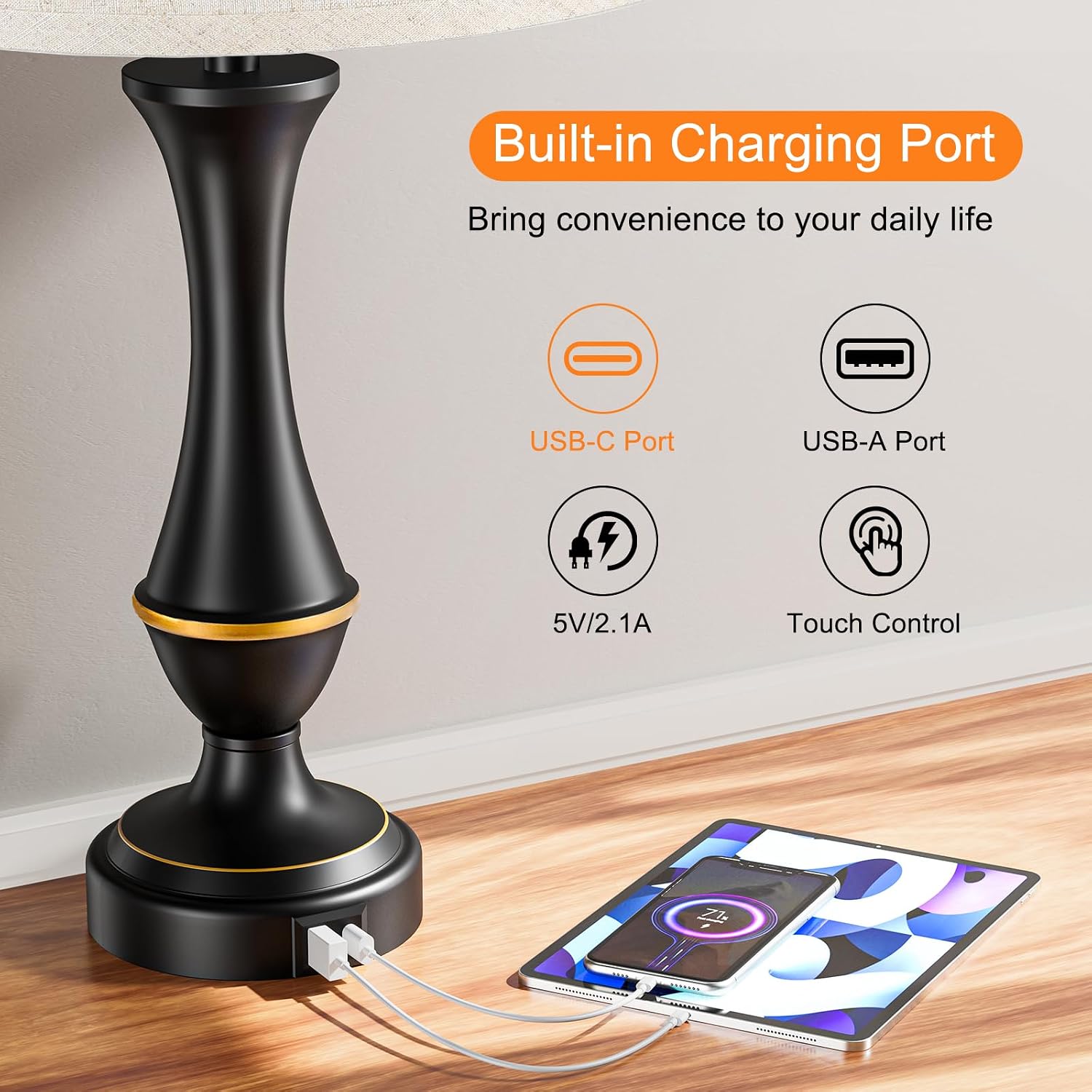 Detalle de Seealle Upgraded Touch Lamps for Night Stands (Set of 2) with USB-C + USB-A, 3-Way Dimmable