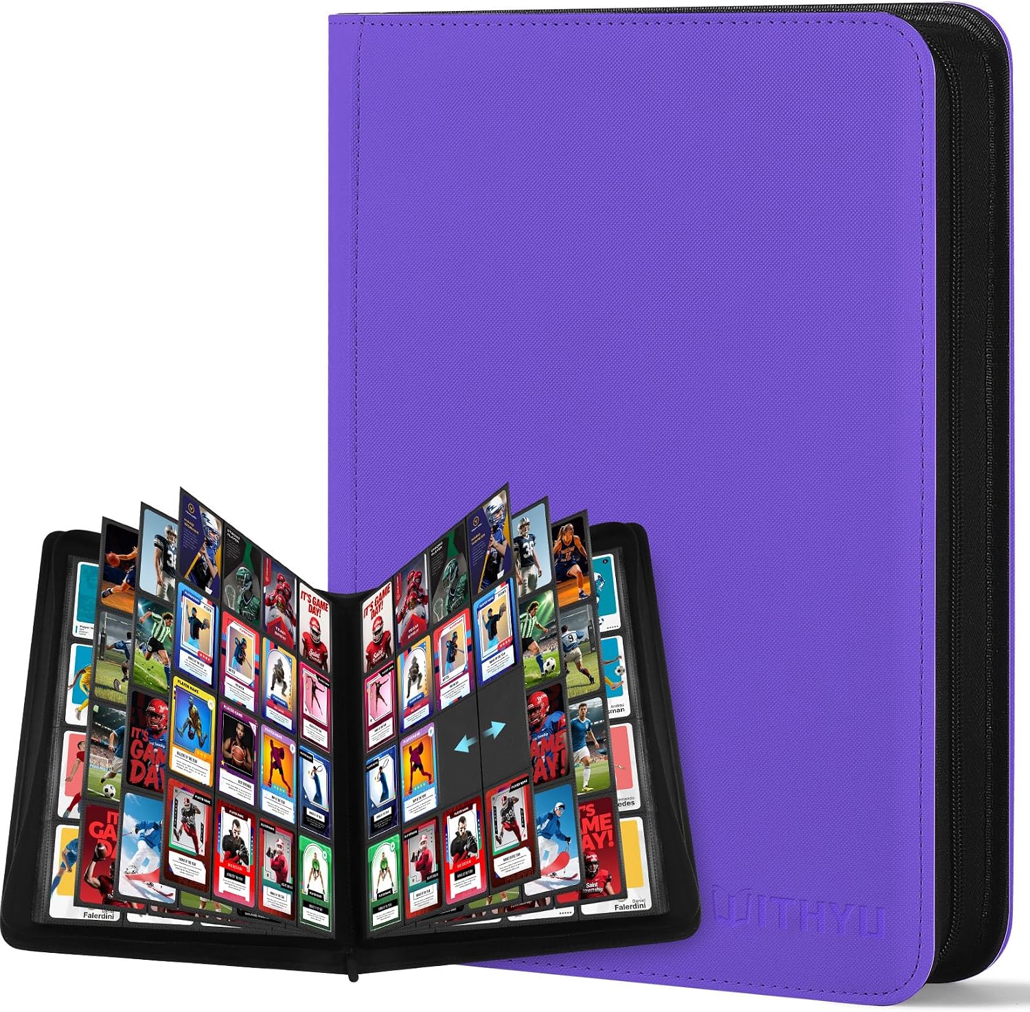 Detalle de WITHYU 16-Taschen Sammelalbum für Karten (1024 Karten) mit seitlichem Einschub & Reißverschluss – violett