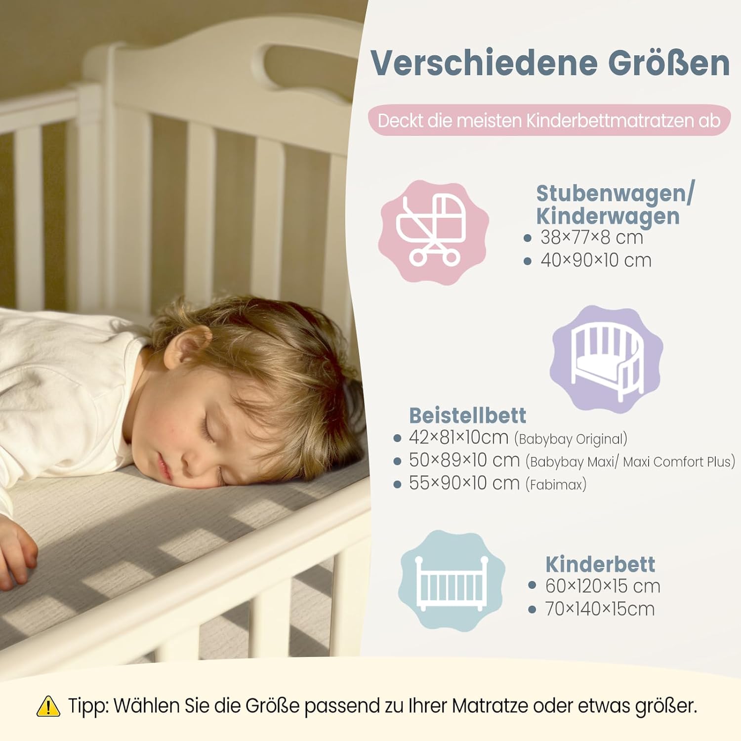 Thumbnail 2 de lulumoon Musselin-Baumwolle Spannbettlaken 2er-Set für Stubenwagen, Kinderwagen & Reisebett (35x75 cm, 41x81 cm, 40x90 cm) – Grau Creme