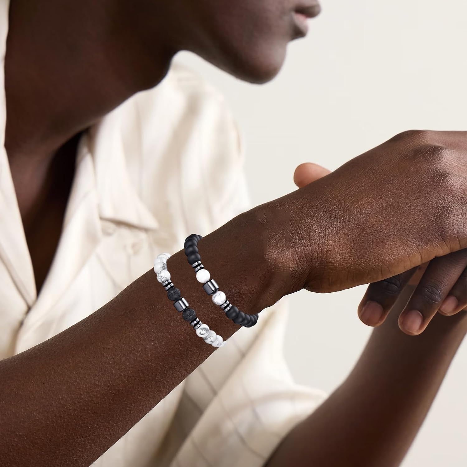 Detalle de RANKEEF Herren-Perlenarmband Set 8 mm Tigerauge & Lavastein – Unisex Stretch-Armband