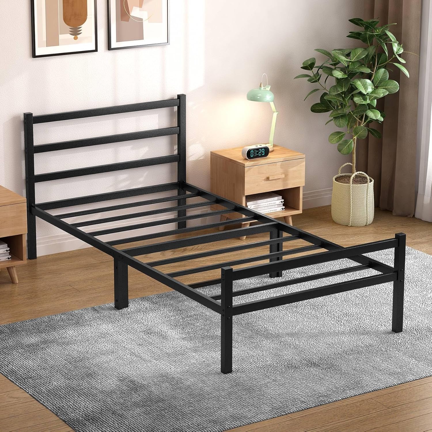 Detalle de Yornoli 3ft Black Single Bed Frame with Headboard and Storage (Steel Slats, No Box Spring Needed)