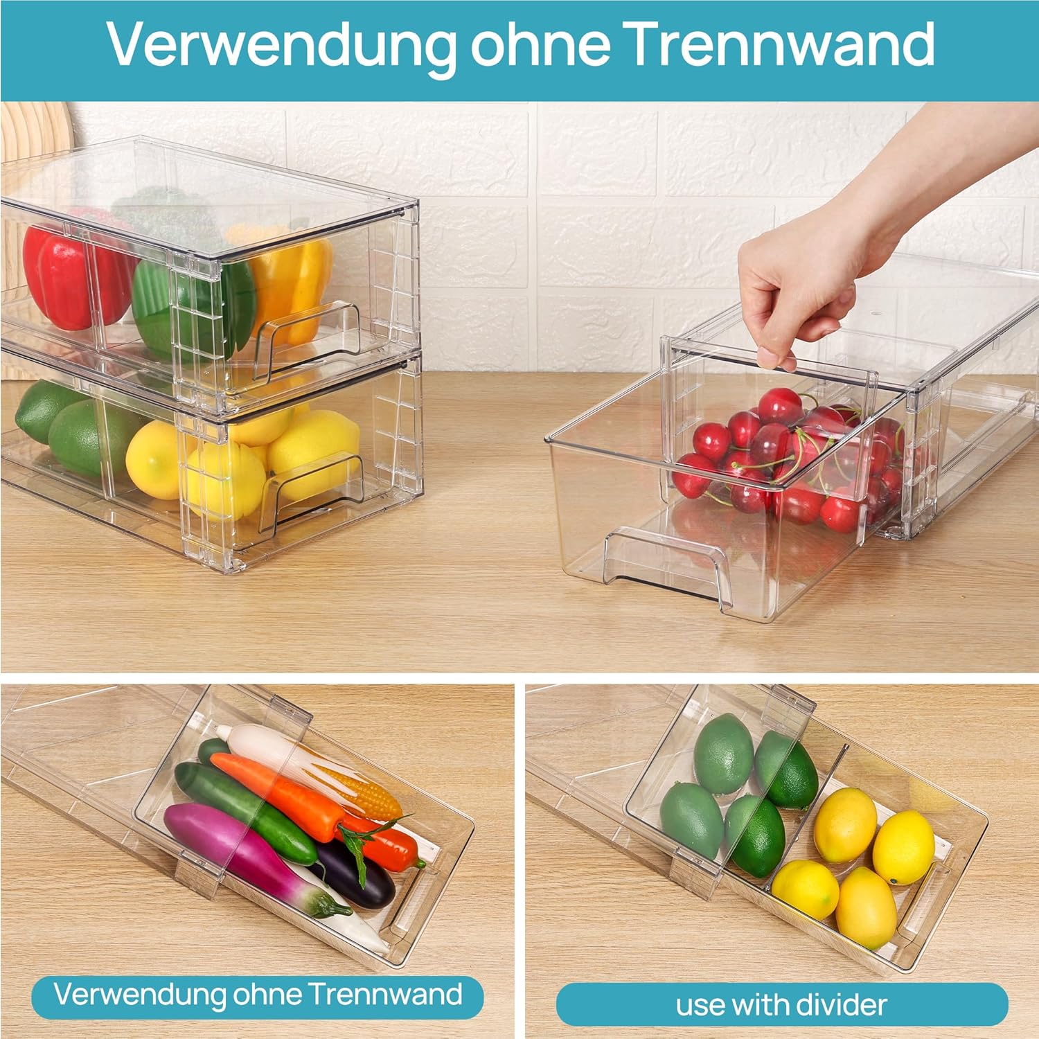 Thumbnail 6 de Vtopmart 6 Stücke Transparente Schubladenboxen – Stapelbar, mit Trennwänden, ideal für Kühlschrank, Bad und Speisekammer