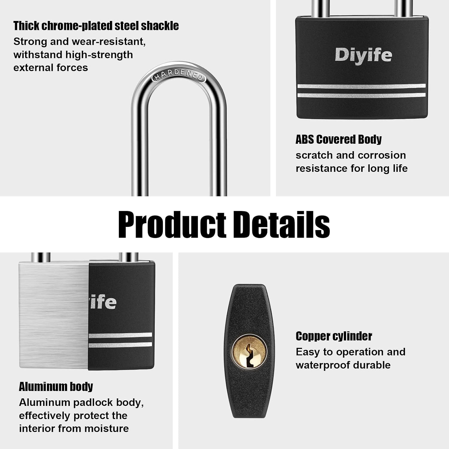 Thumbnail 3 de Diyife 2-Pack Aluminum Padlocks with Keys (40mm) – Anti-Rust, Weatherproof, 60mm Long Shackle