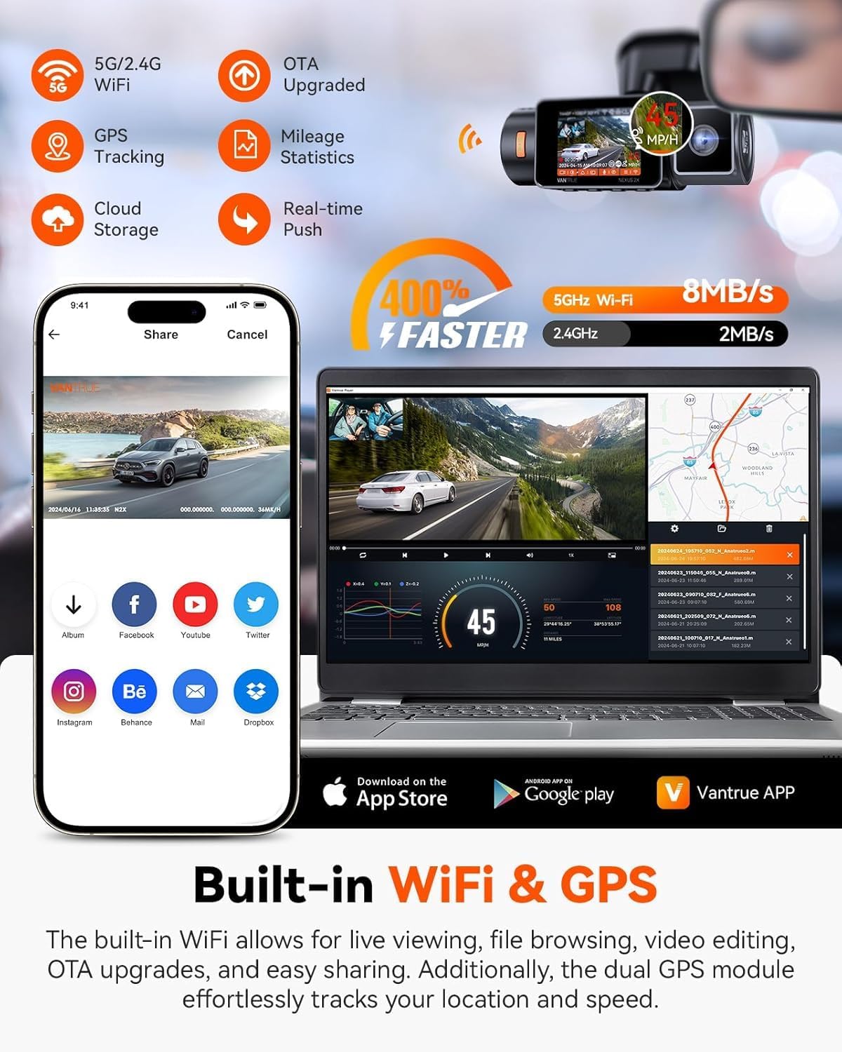 Thumbnail 3 de VANTRUE N2X Dual Dash Cam (Front) 2.7K+1080P with 5G WiFi, GPS, Night Vision & Parking Mode