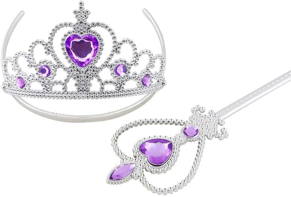 Detalle de Vicloon Set Costumi da Principessa con Tiara, Bacchetta, Guanti e Gioielli per Bambina (8–9 pezzi) in Giallo/Purple/Rosa/Blu