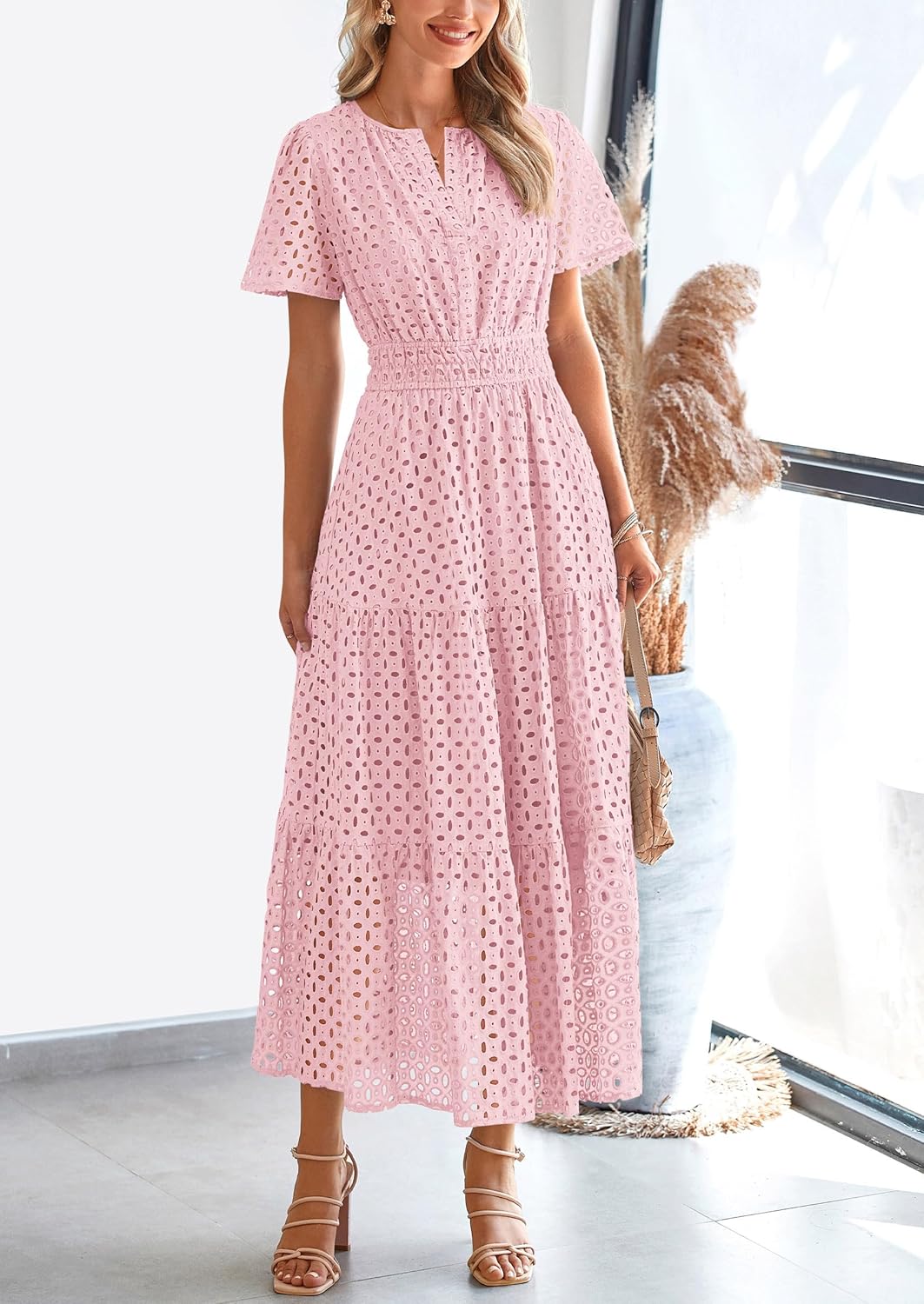 Detalle de PRETTYGARDEN Womens 2026 Summer Maxi Dress with Eyelet and V-Neck