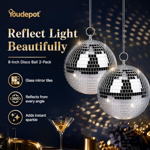 Detalle de Youdepot 20 cm Disco Ball 2 Pack – Silver Hanging Mirror Balls for Weddings, Parties and Home Décor