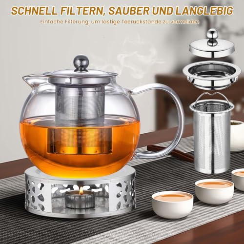 Detalle de GBKDQQ Glas Teekanne mit Stövchen Set, 1300 ml – Borosilikatglas, Siebeinsatz & Teelichtofen