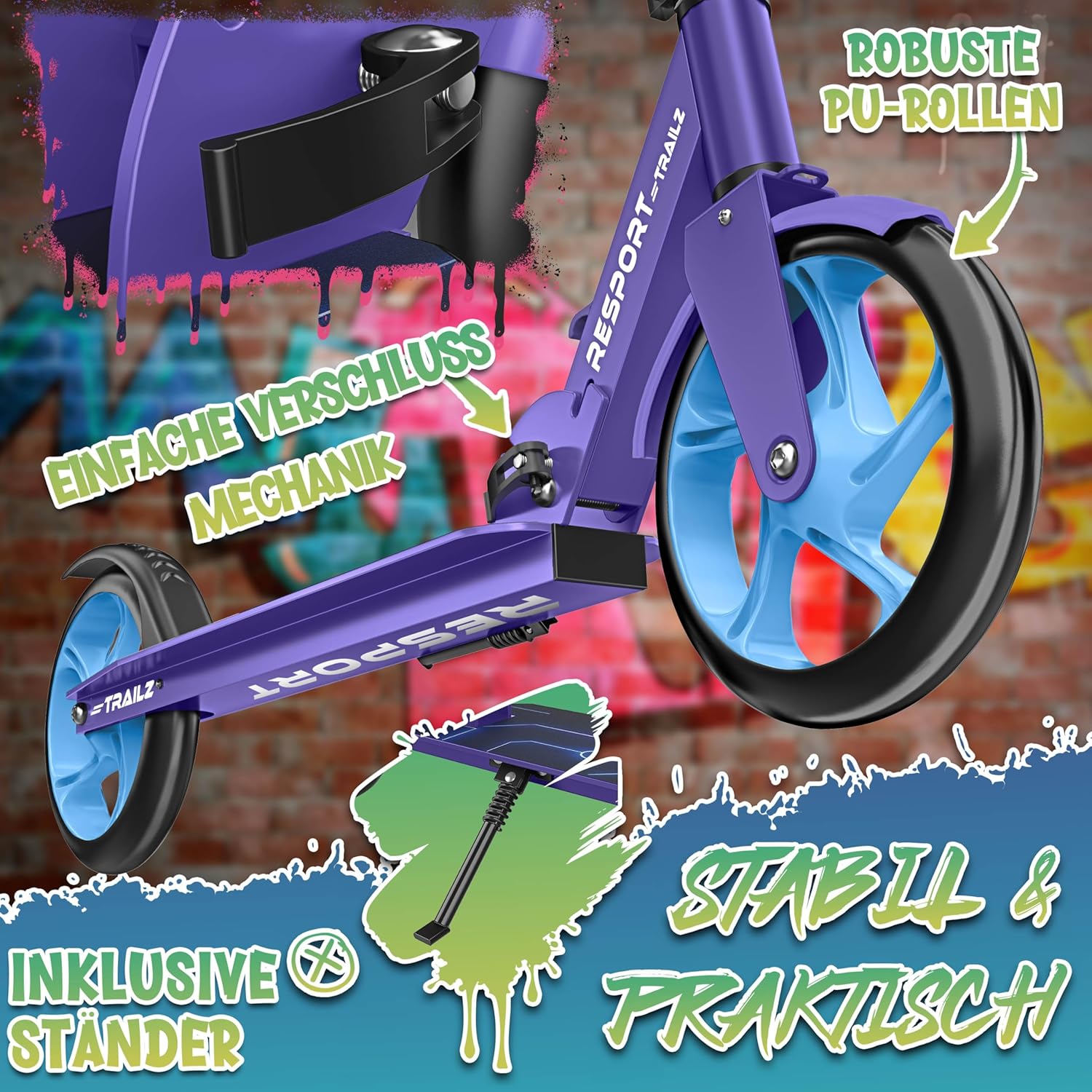 Thumbnail 4 de RE:SPORT Cityroller – höhenverstellbar, klappbar bis 100 kg, Klingel & Tragegurt