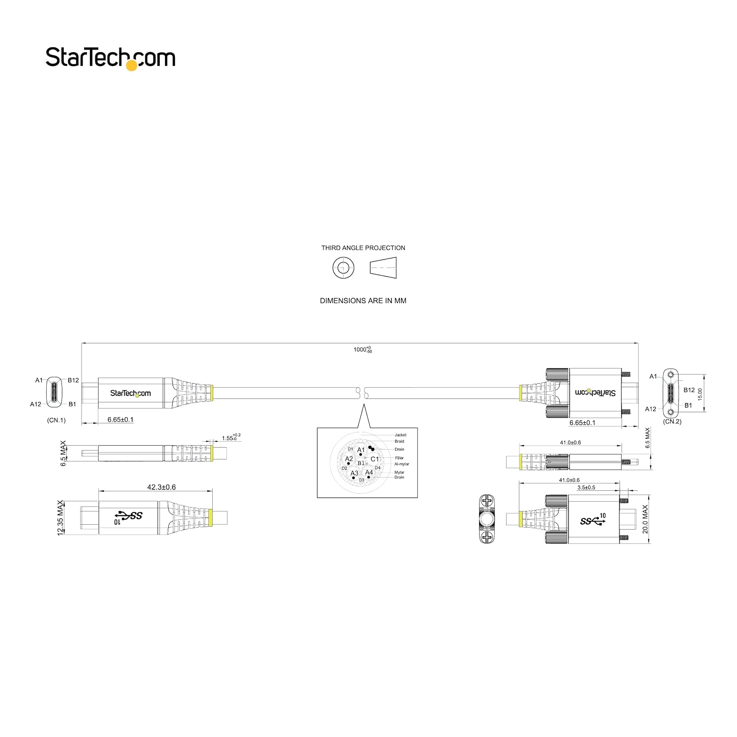 Detalle de StarTech.com USB-C-zu-USB-C-Kabel 1 m mit Schraubensicherung (USB 3.2 Gen 2, 10 Gbit/s, 100 W/5 A, DP Alt Mode)